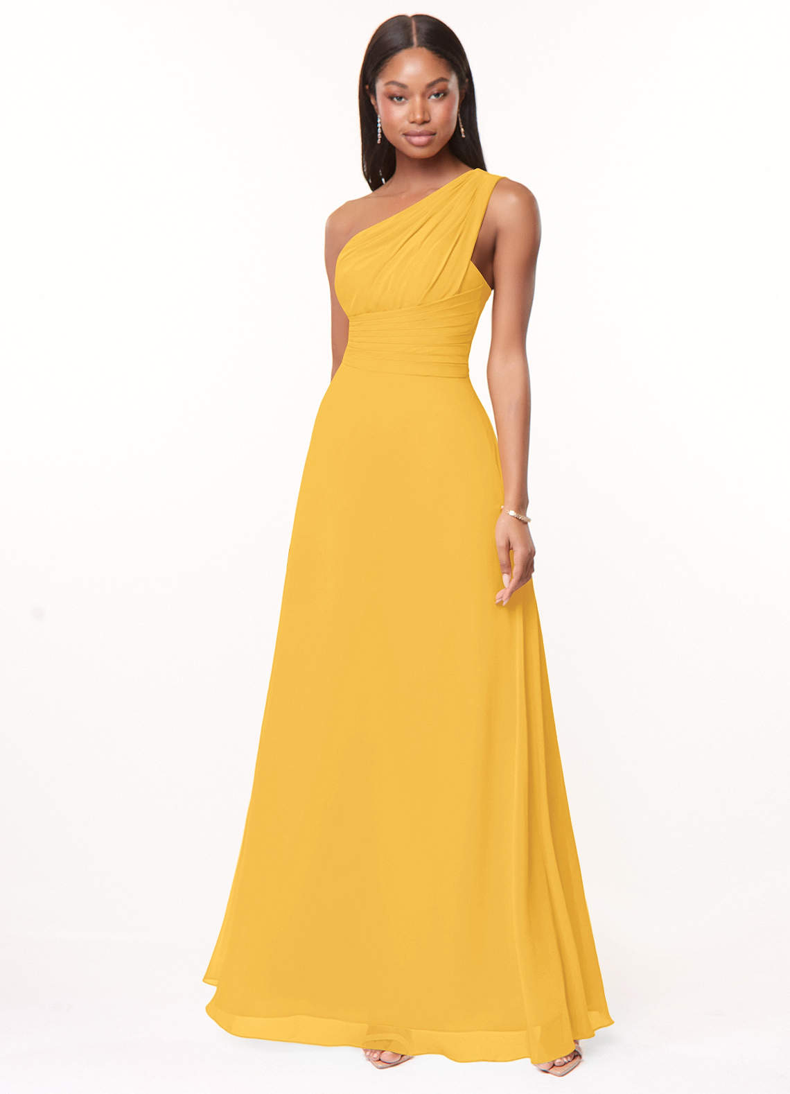 Azazie Ashley Bridesmaid Dresses Marigold A-Line Ruched Chiffon Dress image1