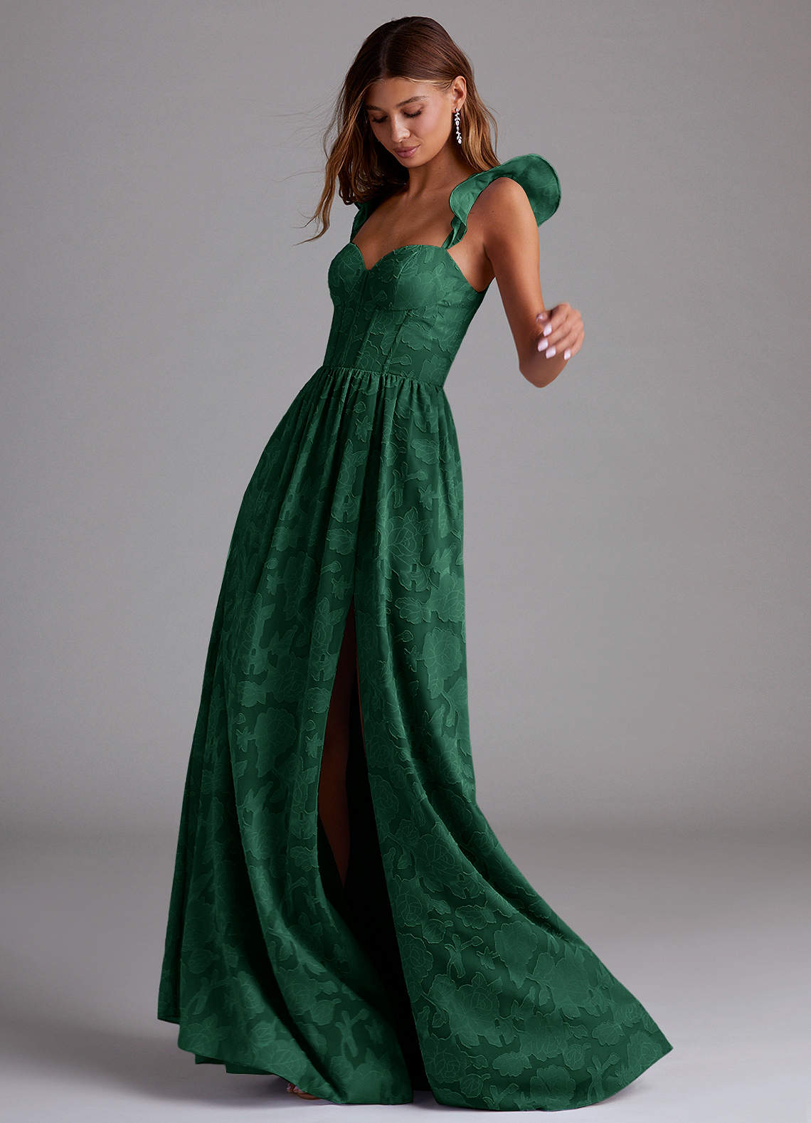 Azazie Denisse Vestidos de madrinha de casamento Vestido Verde Escuro de Esgotamento Floral de Linha A com Ruched image1