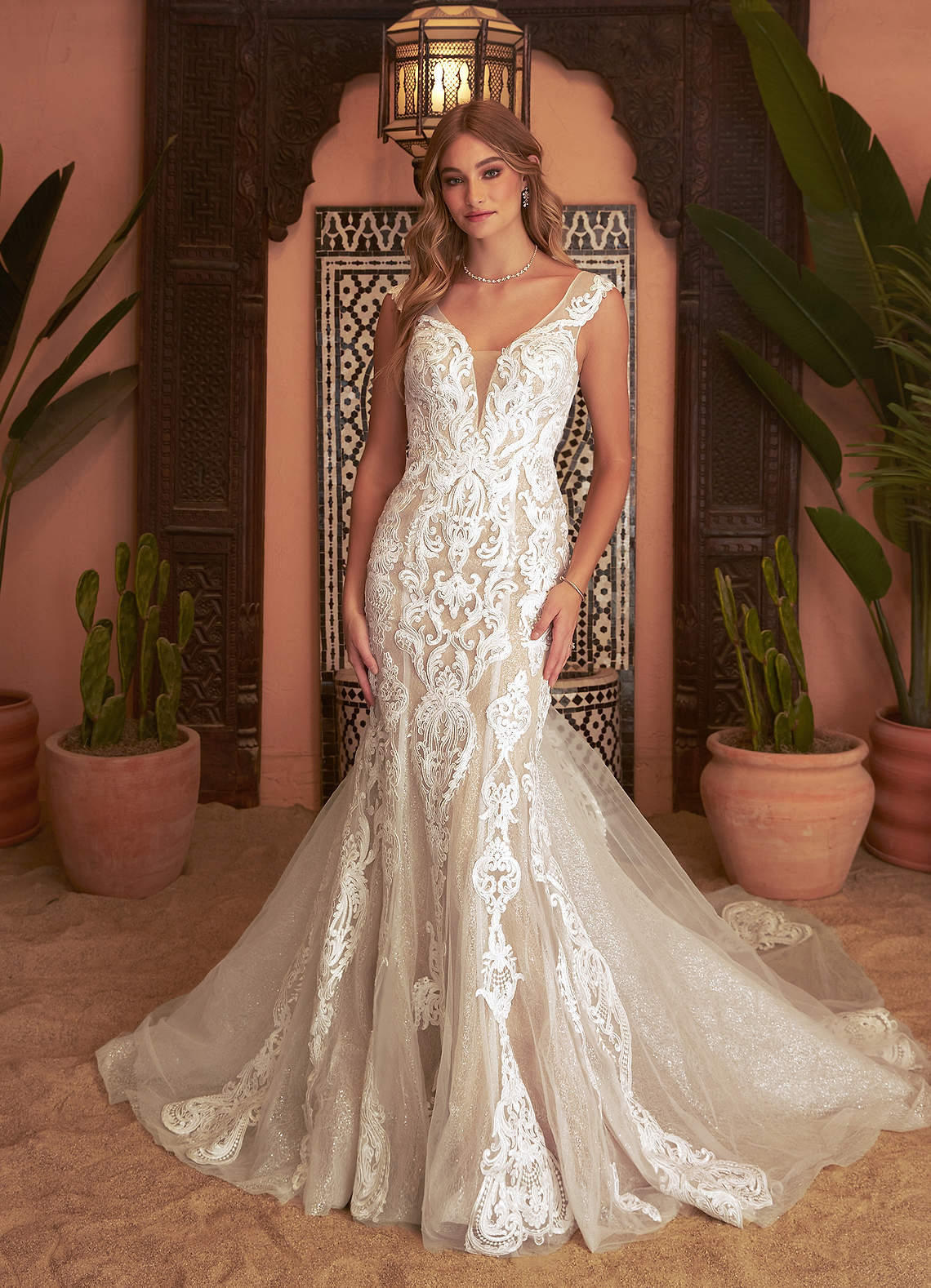 Azazie Delvita Wedding Dresses Diamond White Nude Mermaid V-Neck Sequins Tulle Dress image1