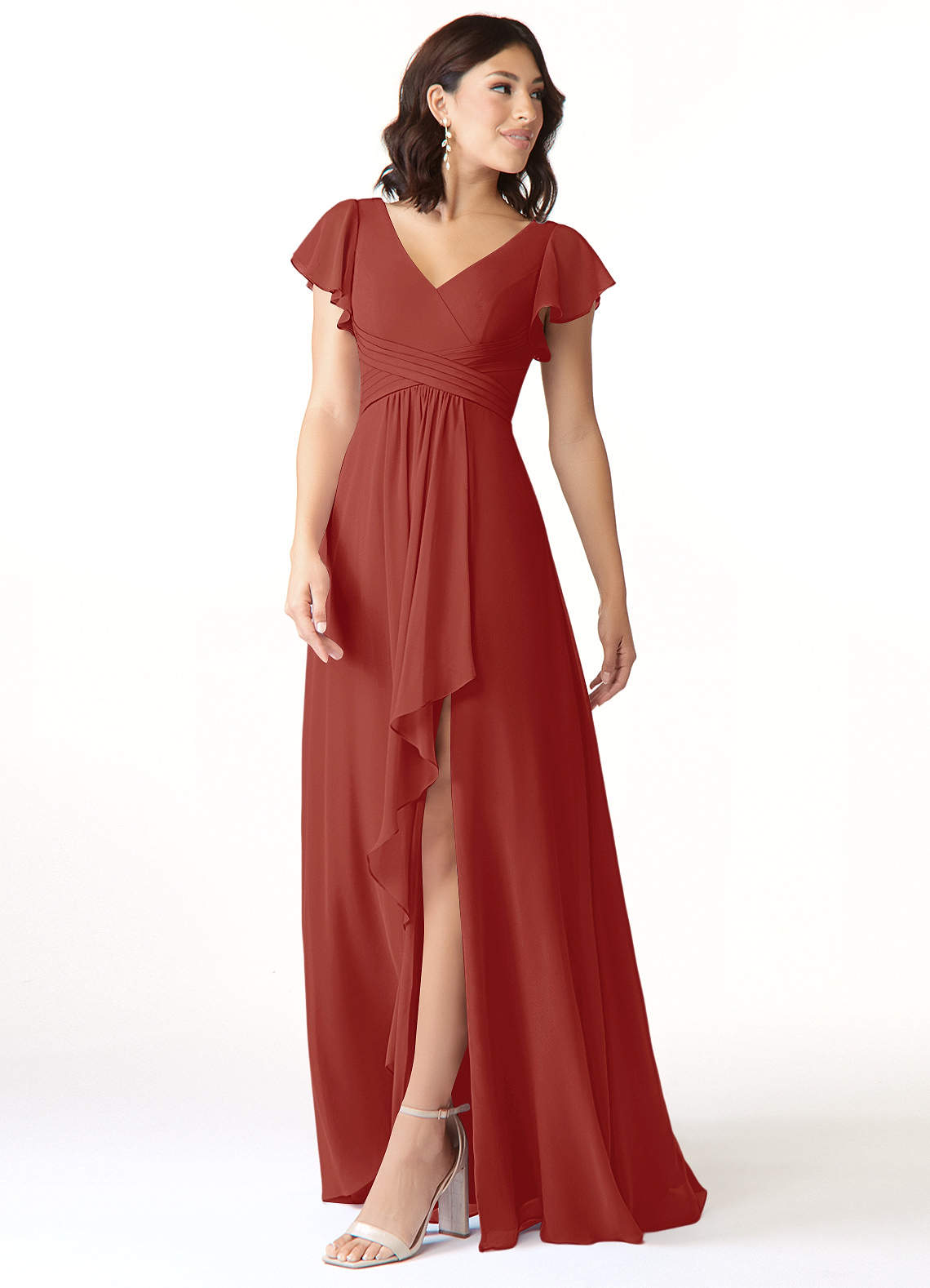 Azazie Omari Vestidos de madrinha de casamento Vestido Terracota de Chiffon de Linha A image3