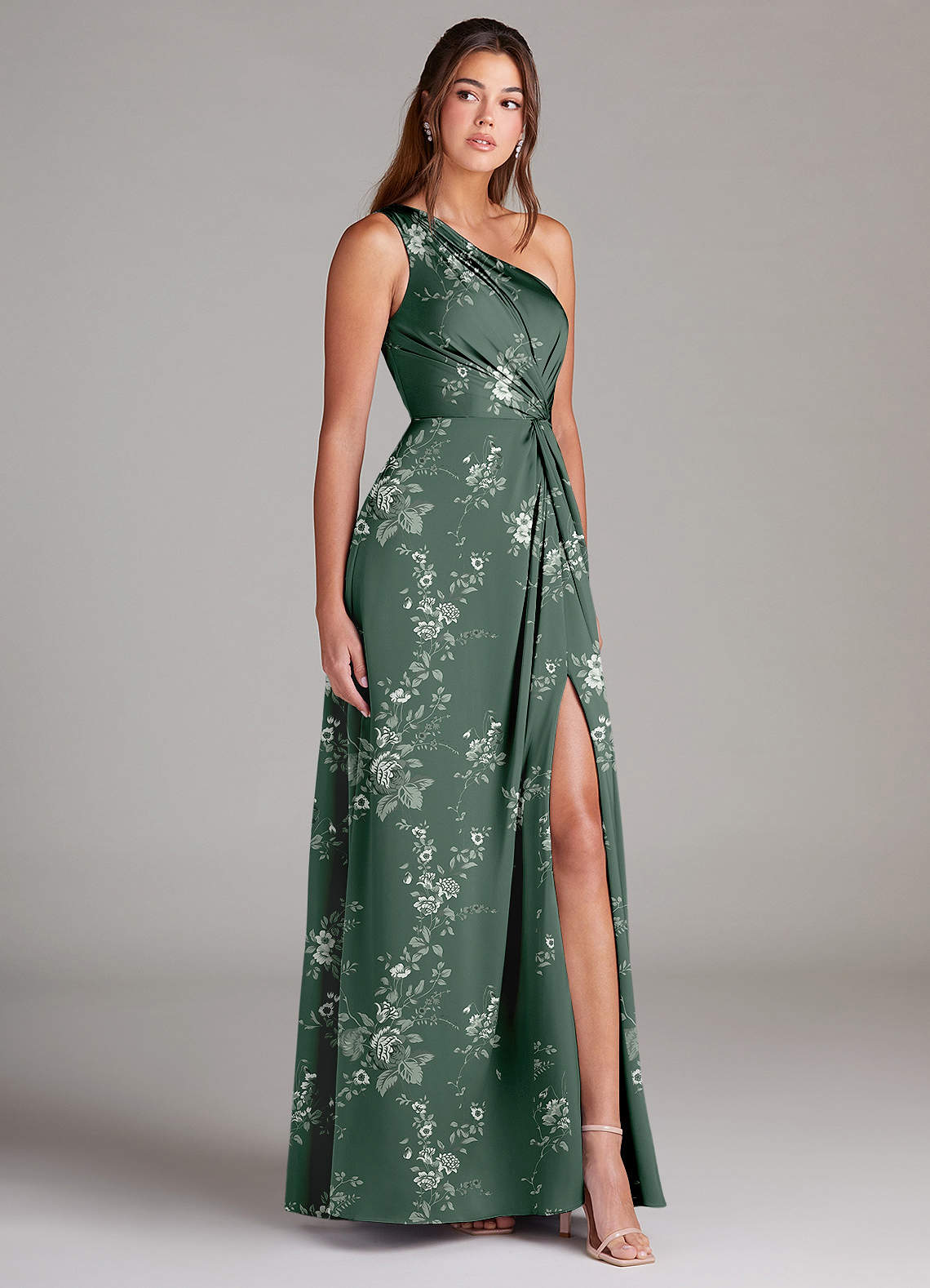 Azazie Brooke Robes de demoiselle d'honneur Robe Trapèze en Satin extensible Une épaule Jardin Floral D'eucalyptus image4