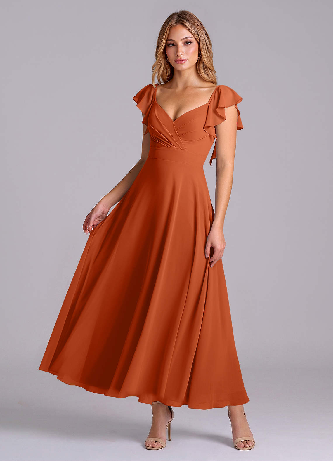 burnt orange tea length dress Burnt Orange Chiffon Midi Dress