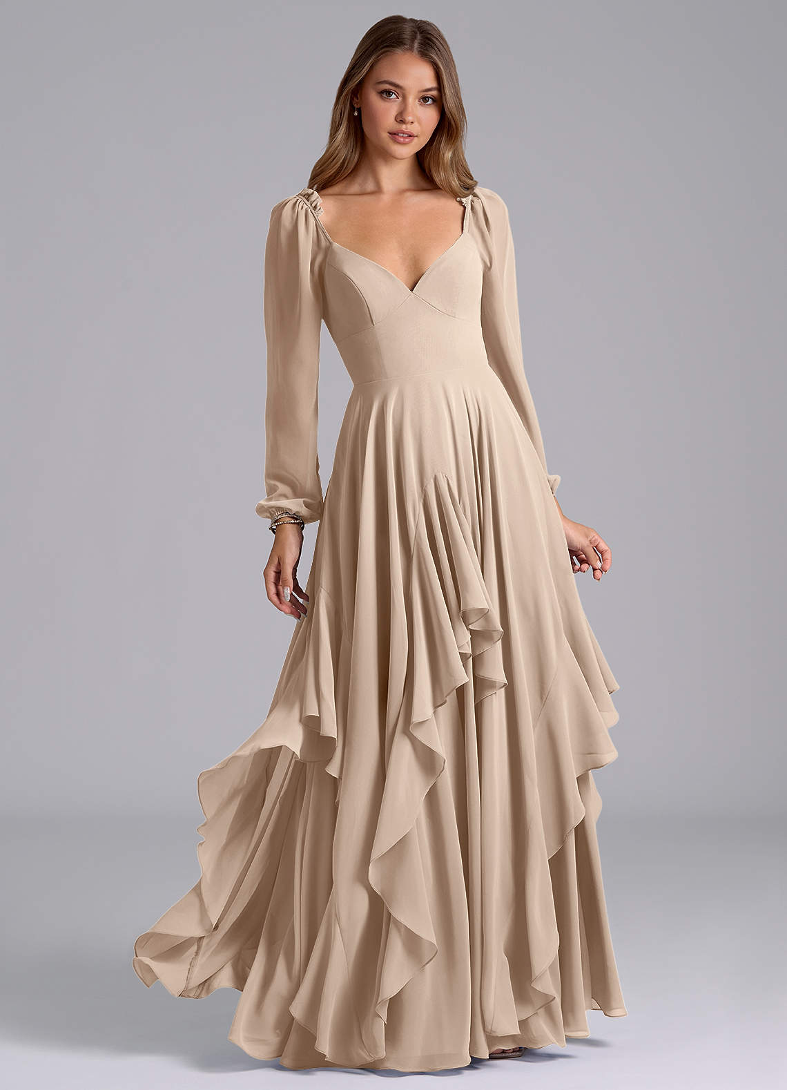 Azazie Karan Bridesmaid Dresses Taupe A-Line Long Sleeve Chiffon Dress image1