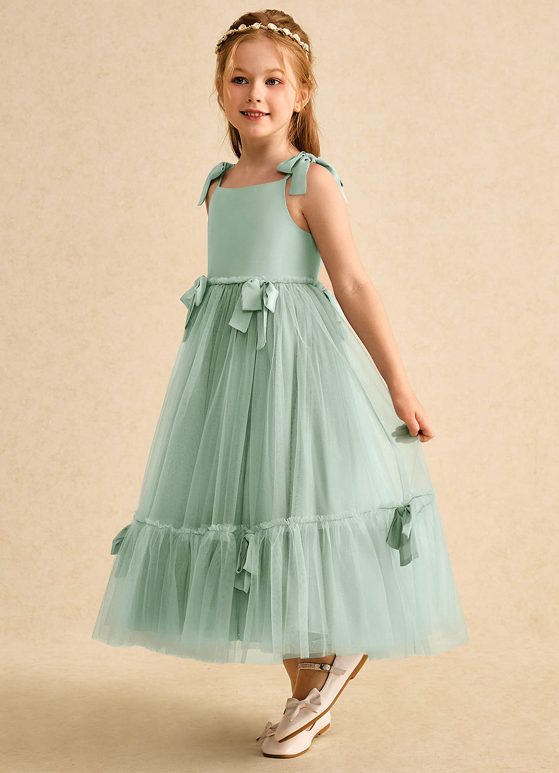 Azazie Jaci Flower Girl Dresses Agave A-Line Spaghetti Strap Chiffon Dress image1