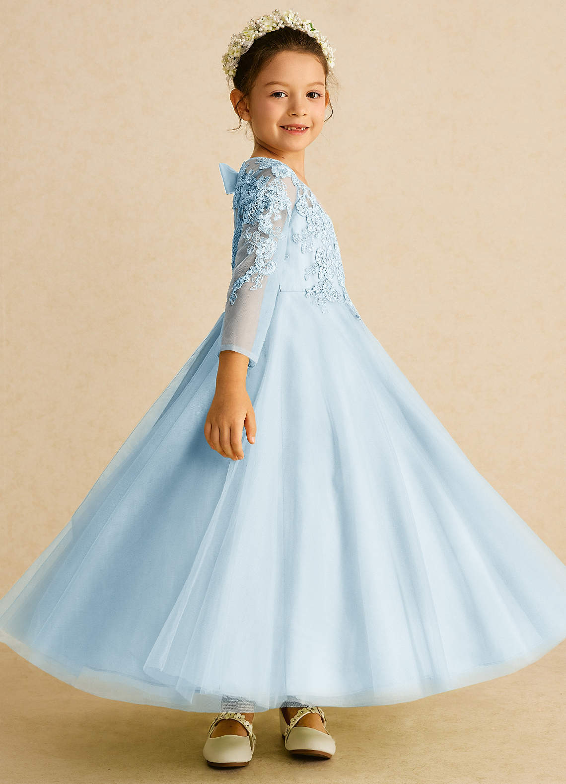 Azazie Precious Flower Girl Dresses Sky Blue A-Line Lace Tulle Dress image2