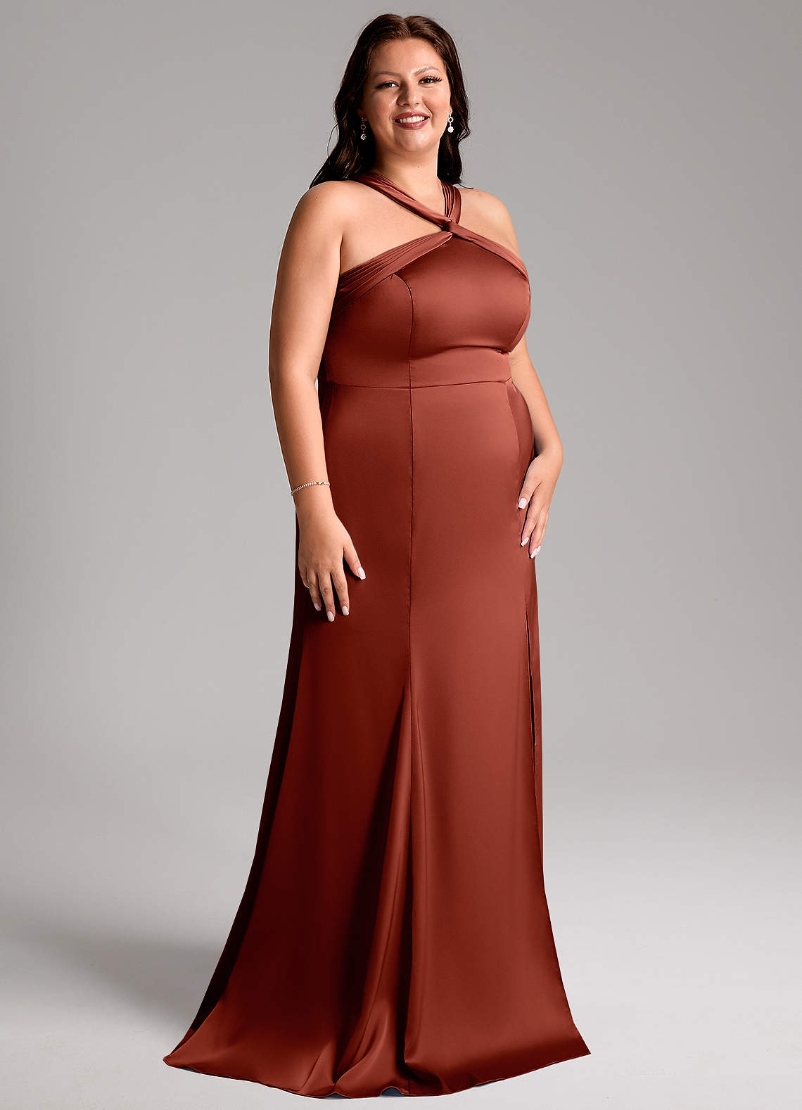 Azazie Rue Vestidos de damas de honor Vestido de Terracota de Satén Elástico de Corte Sirena con Plisado image11