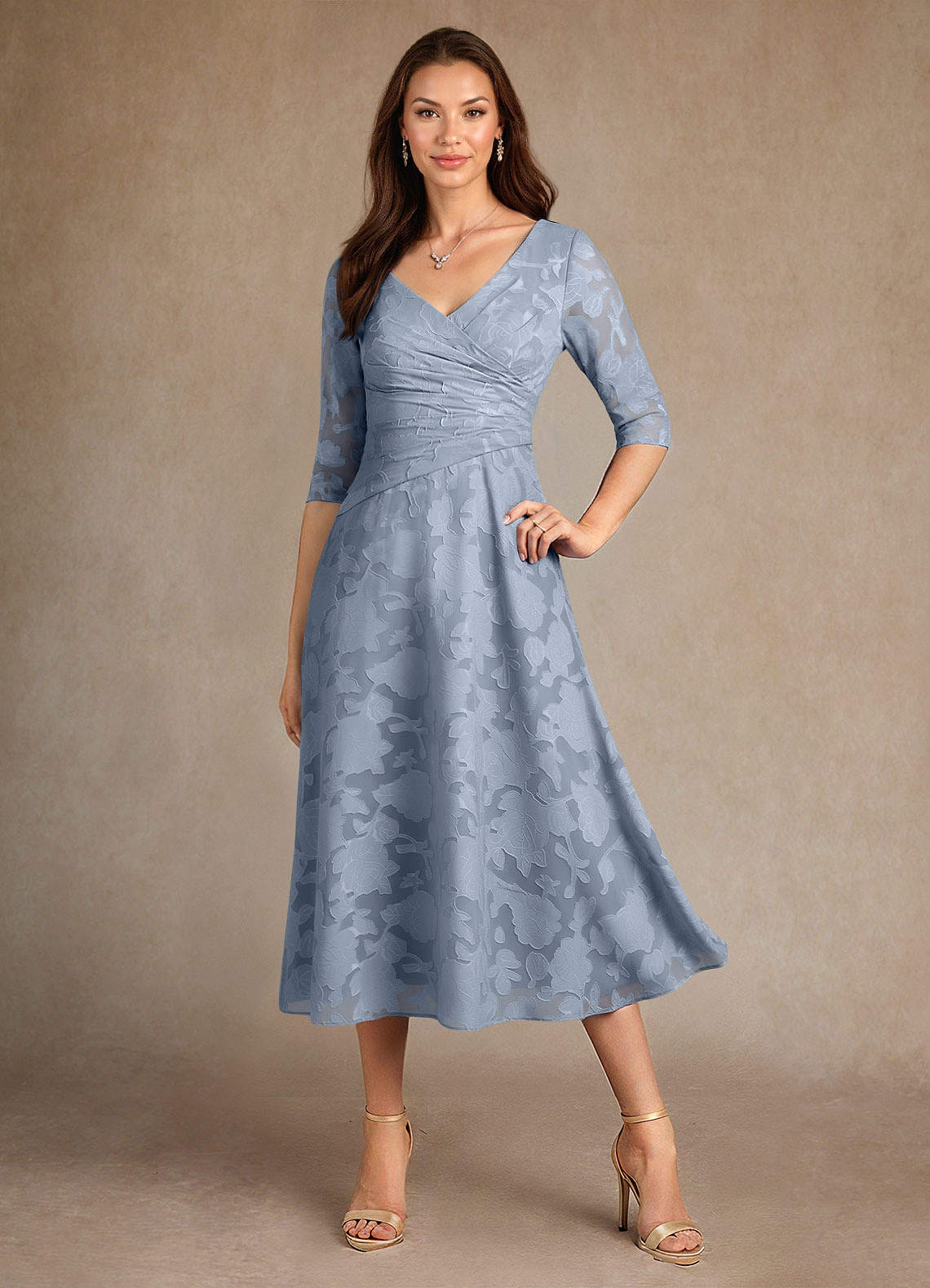 Azazie Durant Mother of the Bride Dresses Dusty Blue A-Line Pleated Floral Burnout Dress image3