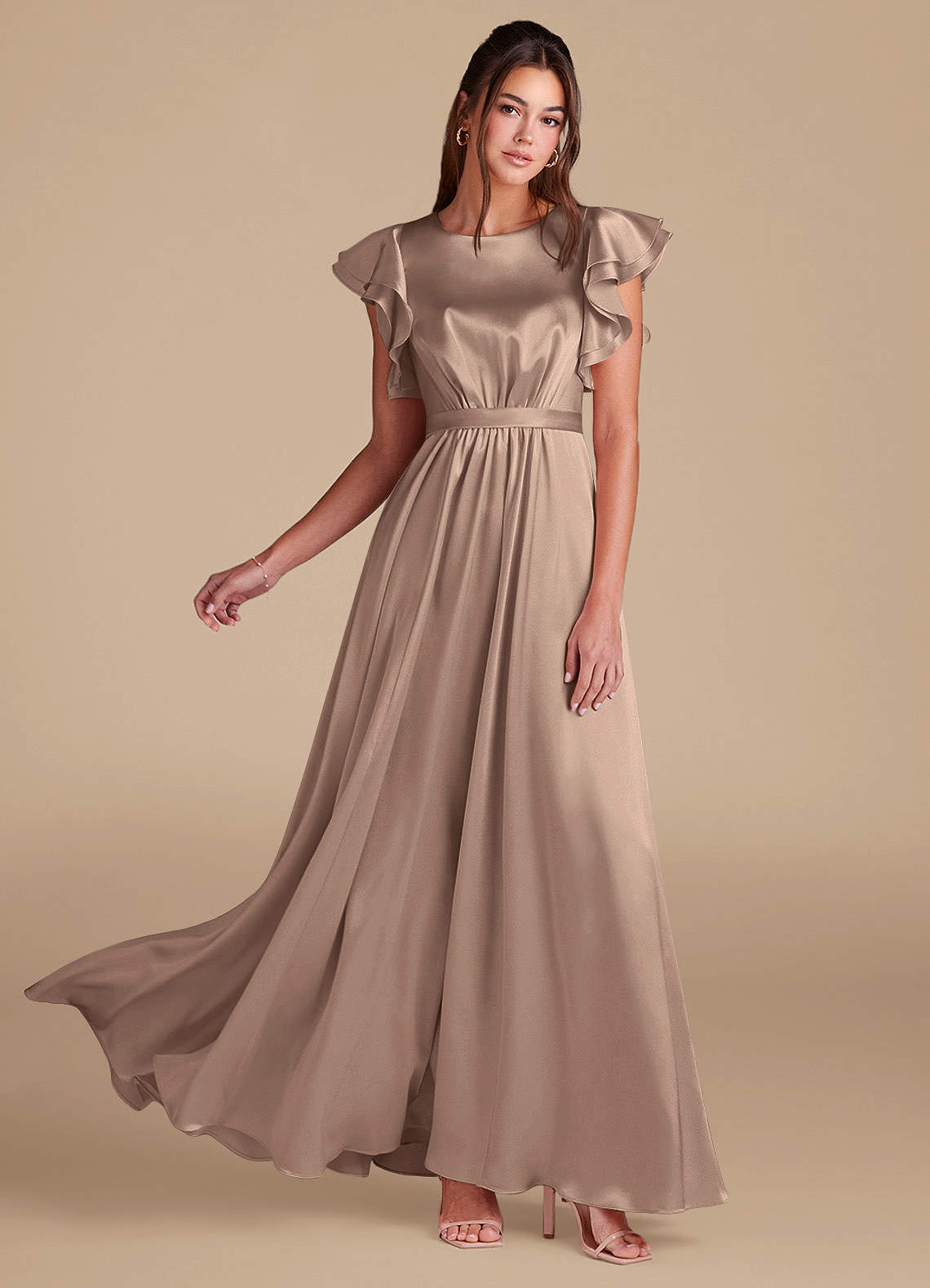 Azazie Daphne Modest Bridesmaid Dresses A-Line Ruched Metallic Satin Floor-Length Dress image1