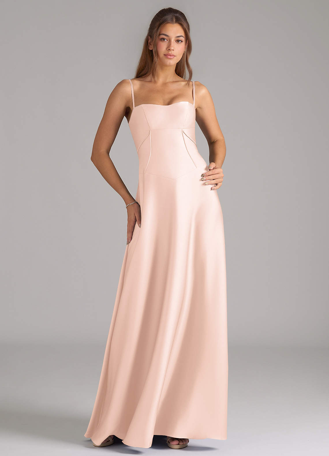 Azazie Valentine Bridesmaid Dresses Blushing Pink A-Line Corset Stretch Satin Dress image1