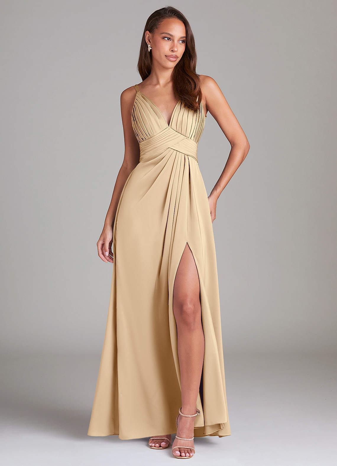 Azazie Maren Allure Robes de demoiselle d'honneur Robe Trapèze en Satin extensible Dentelle Champagne image2