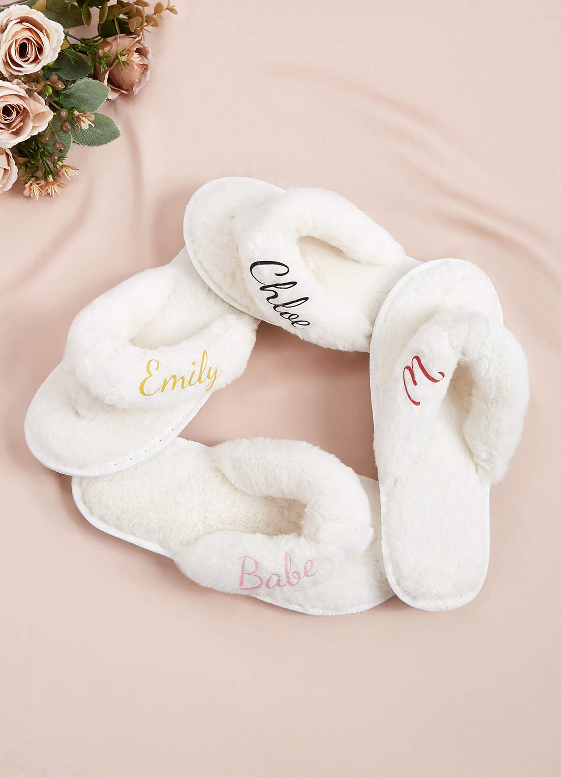 front Personalized Bride Bridesmaid Fluffy Slippers