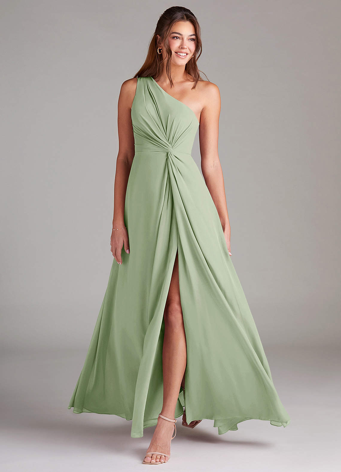 Azazie Brooke Bridesmaid Dresses Dusty Sage A-Line One Shoulder Chiffon Dress image2