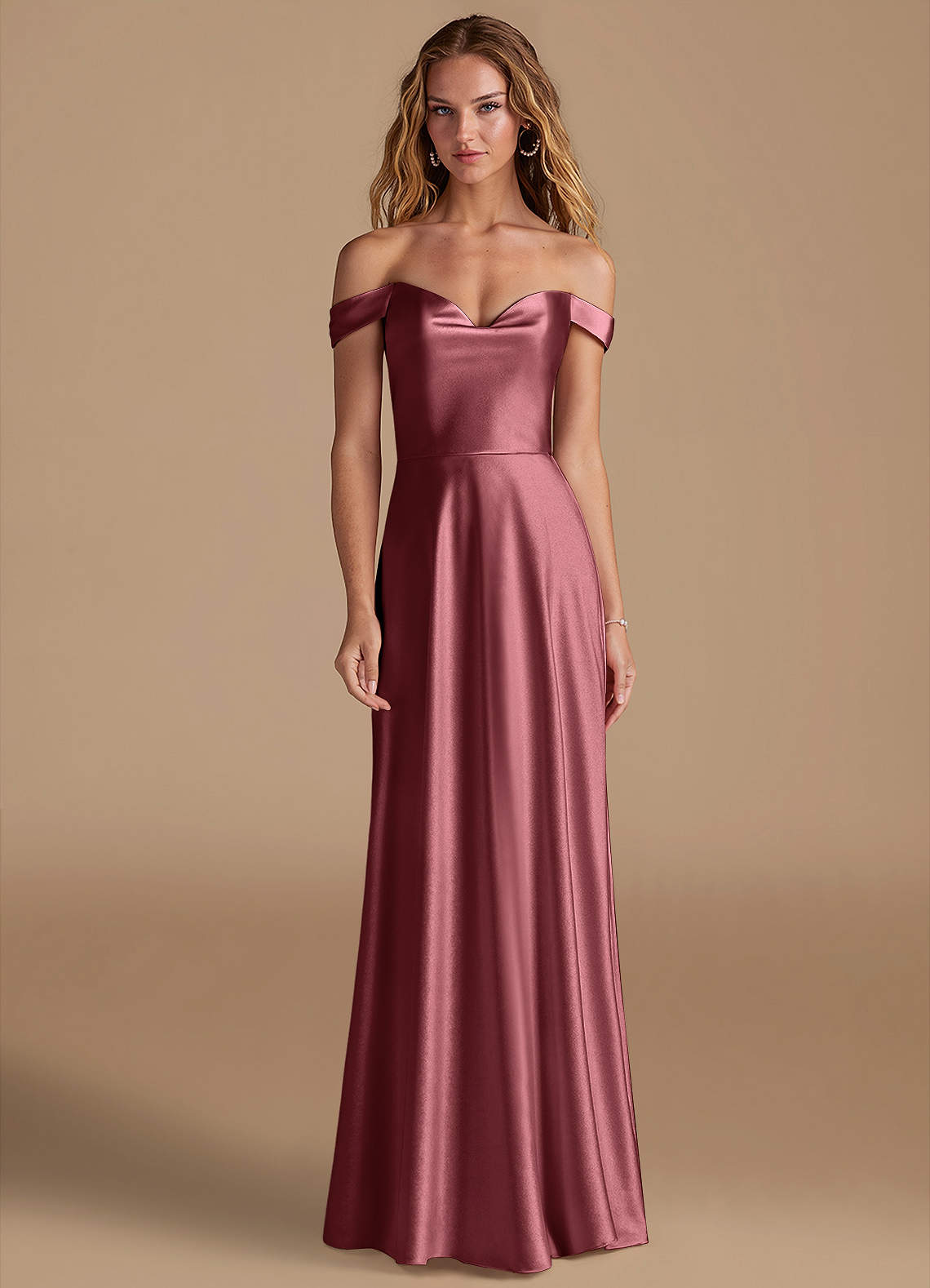 Azazie Jackalin Bridesmaid Dresses Desert Rose A-Line Off the Shoulder Metallic Satin Convertible Dress image1