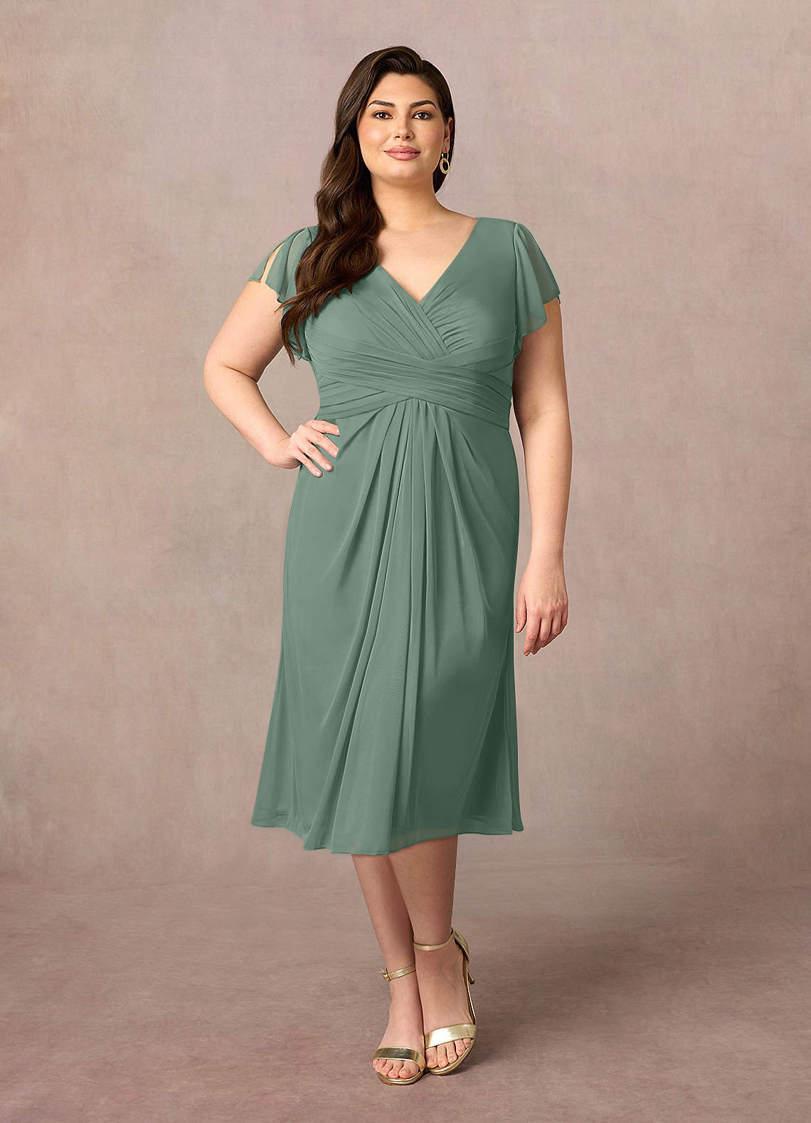 Azazie Vera Mother of the Bride Dresses Eucalyptus A-Line V-Neck Pleated Mesh Dress image5