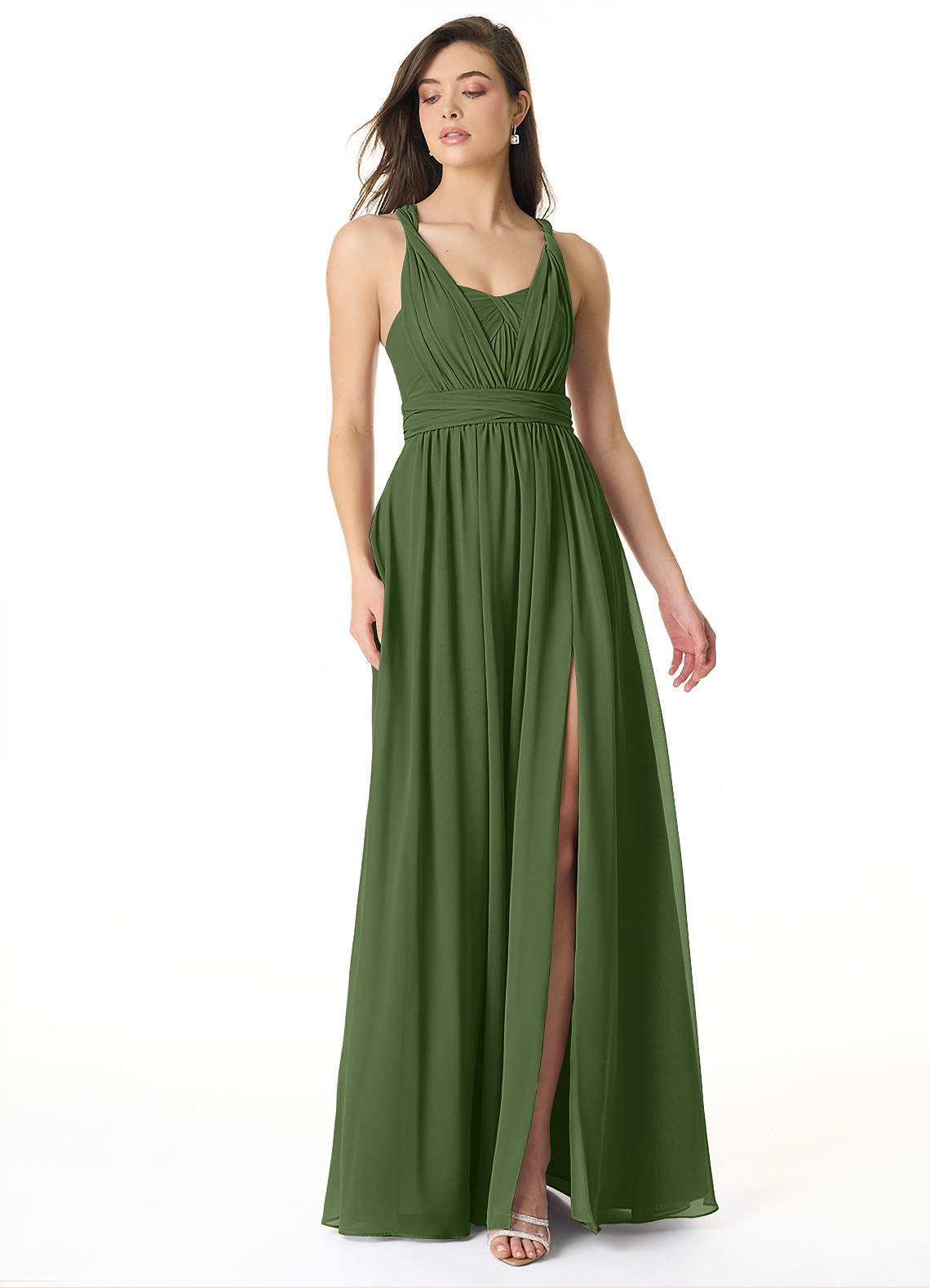 Azazie Olani Robes de demoiselle d'honneur Robe Trapèze Convertible en Mousseline de soie Épaule décolletée Olive image1
