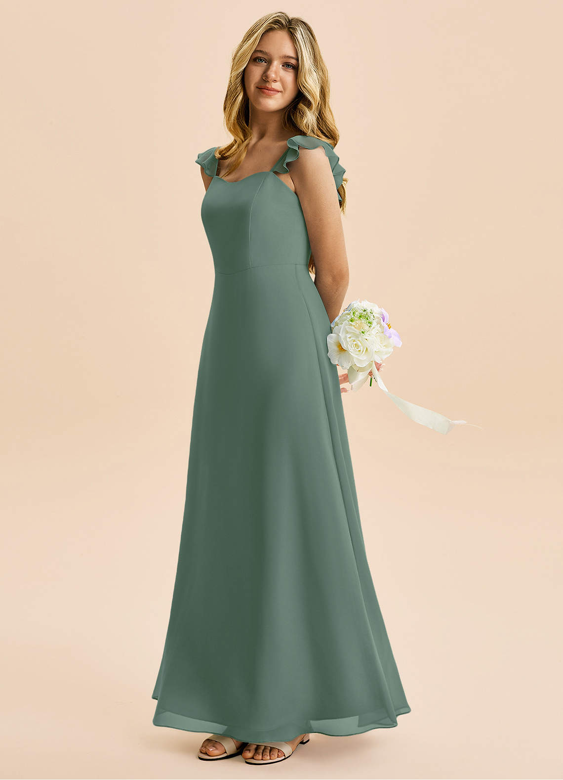 Azazie Mavie Junior Abito A-Line in Chiffon Increspato Eucalipto image2