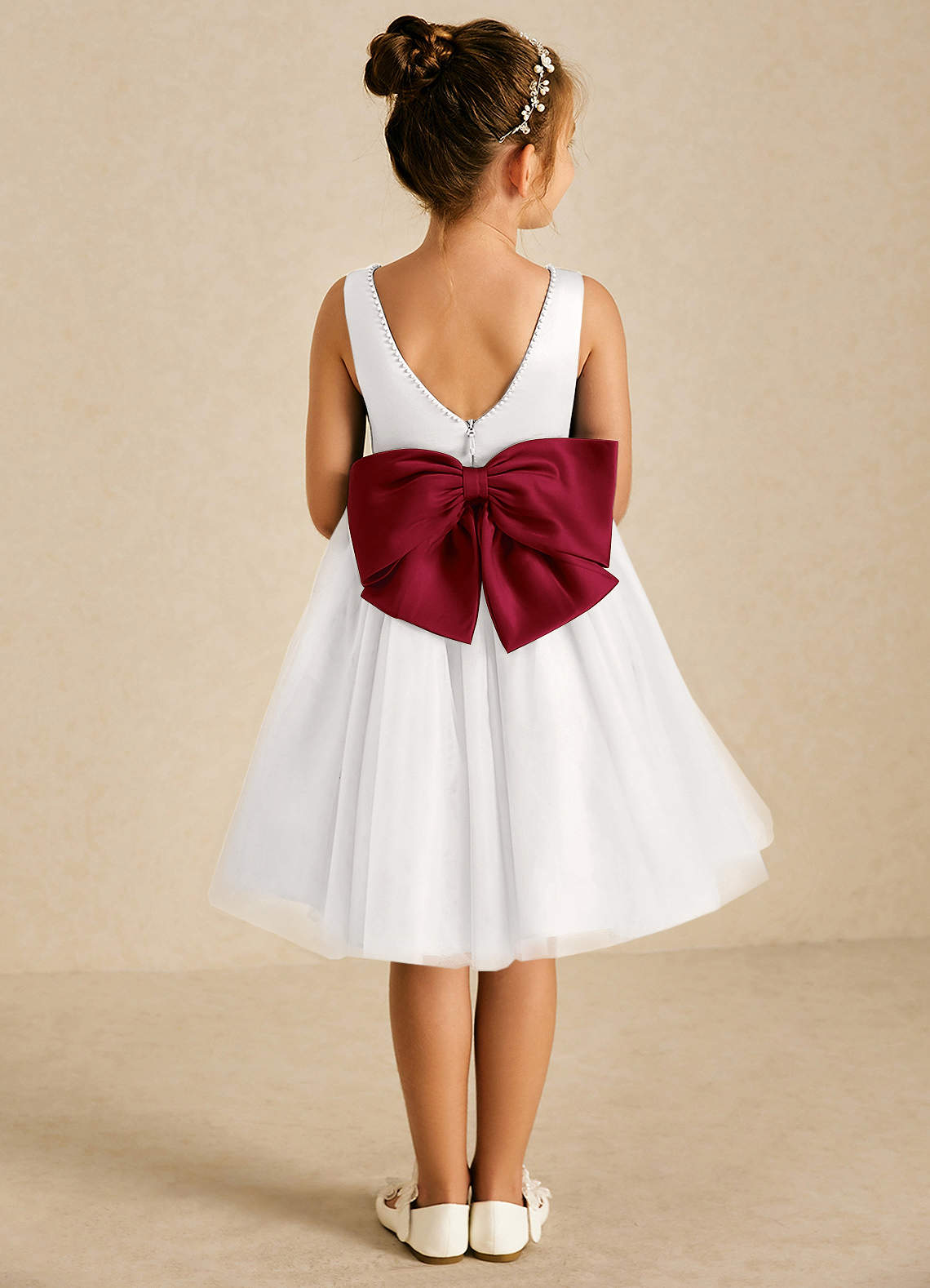 Azazie Seline Ivory Burgundy A-Line Bow Tulle Dress | Azazie IE