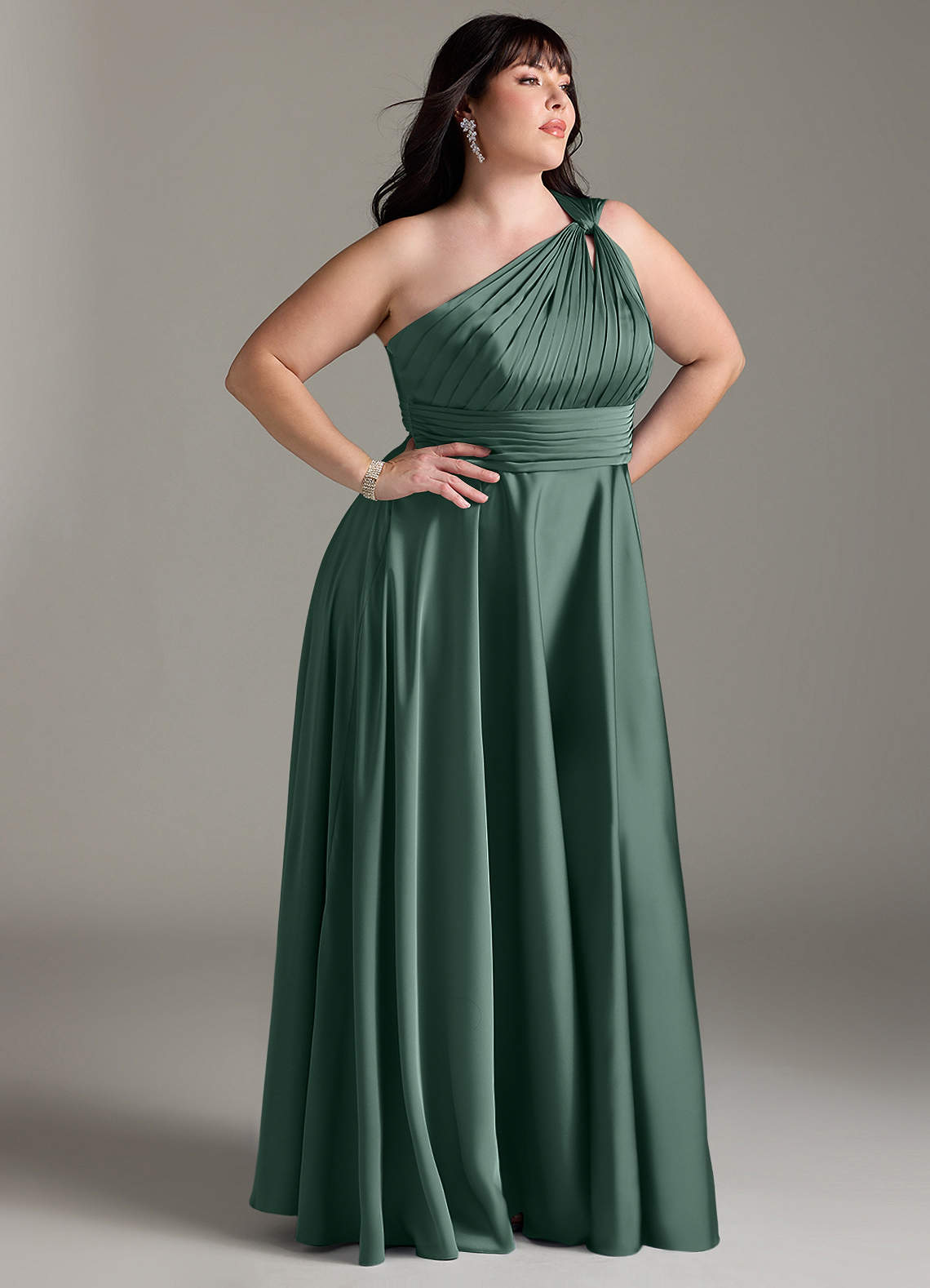 Azazie Charlize Bridesmaid Dresses Eucalyptus A-Line One Shoulder Stretch Satin Dress image11