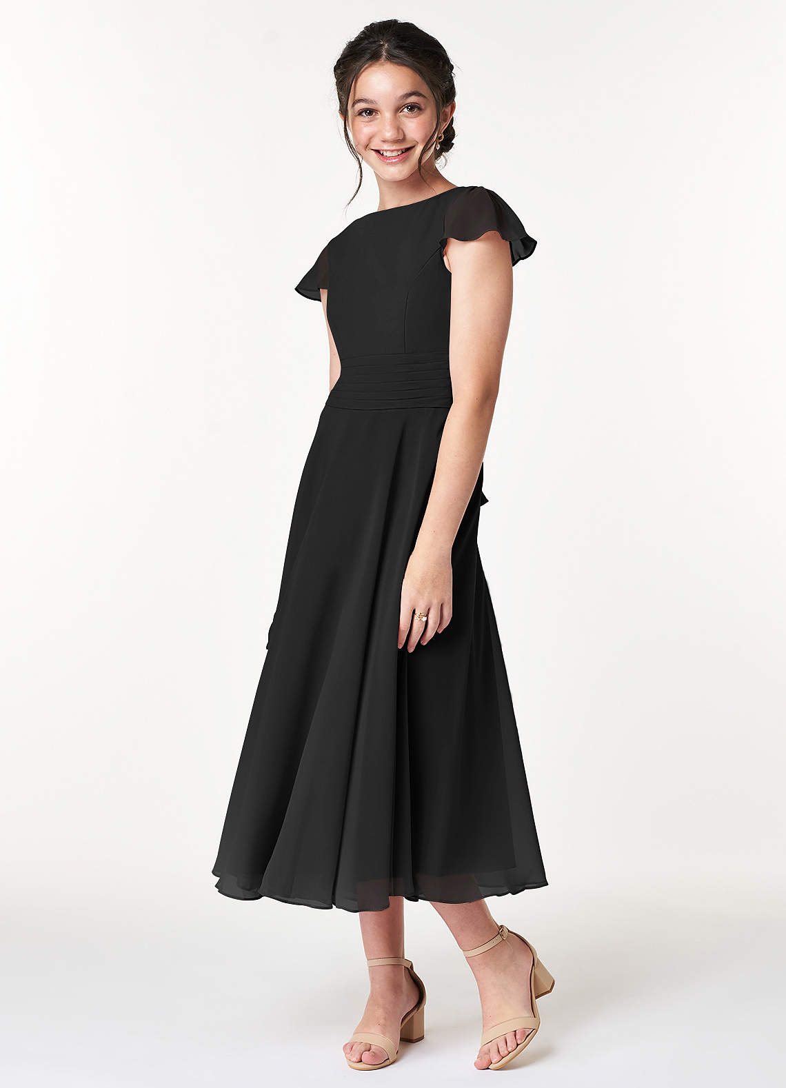Azazie A-Line/Princess Scoop Neck Tea-Length Chiffon Junior Bridesmaid Dresses - Black