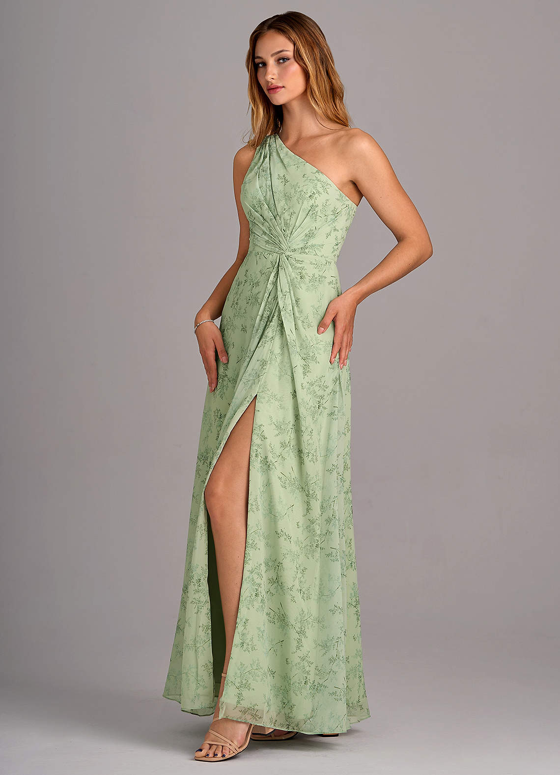 Azazie Brooke Bridesmaid Dresses Green Fern Floral A-Line One Shoulder Chiffon Dress image3