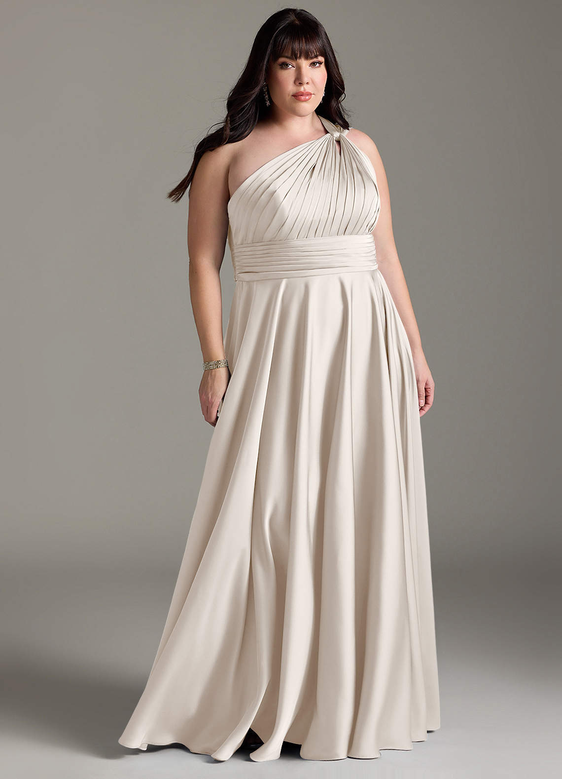 Azazie Charlize Bridesmaid Dresses White Alabaster A-Line One Shoulder Stretch Satin Dress image1