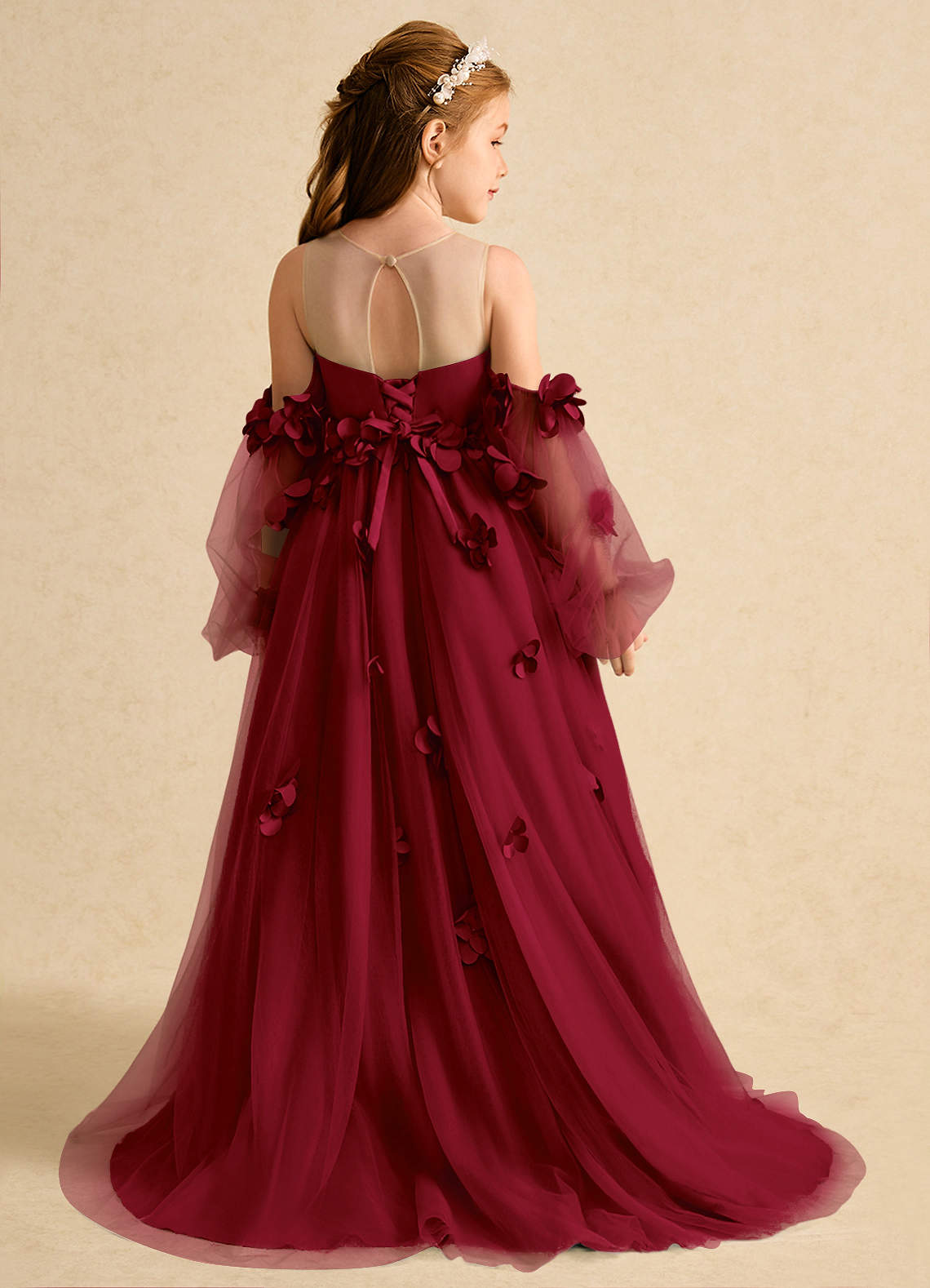 Azazie Karrie Flower Girl Dresses Burgundy A-Line with Sleeves Tulle Dress image1