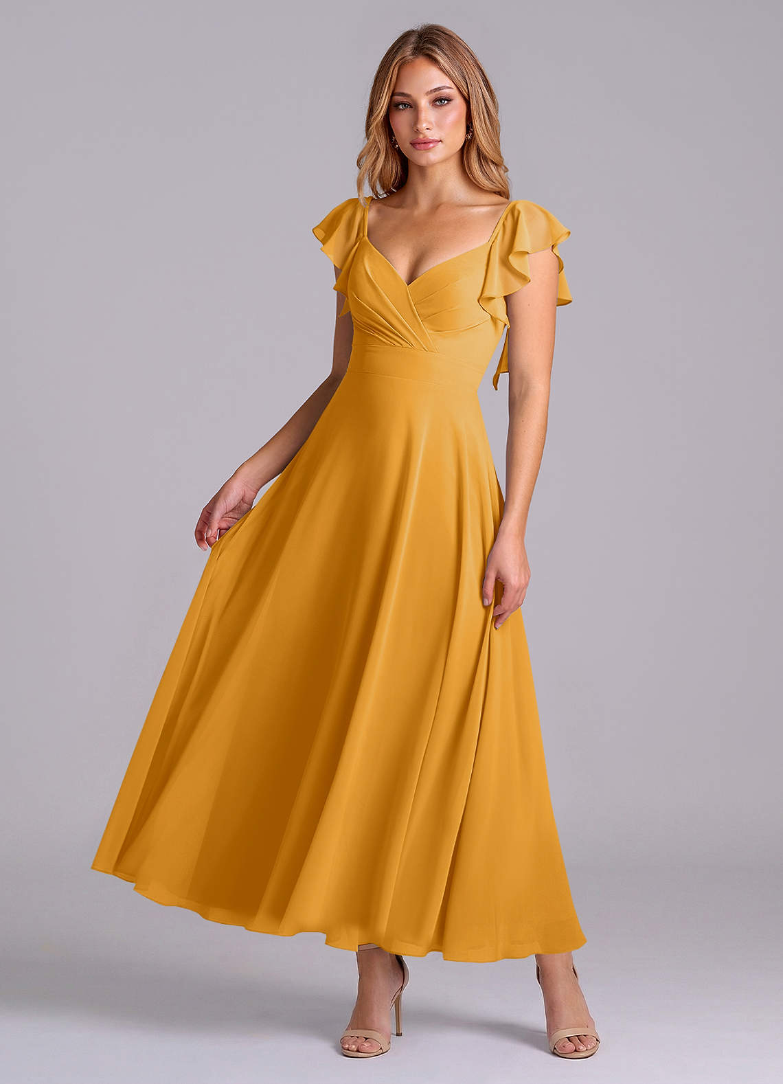 gold chiffon dress bridesmaid KissProm