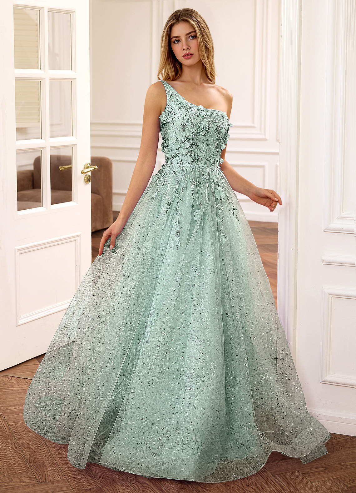 light green sequin prom dress Ava Presley 40112 Green Sequin Gown with Cutouts