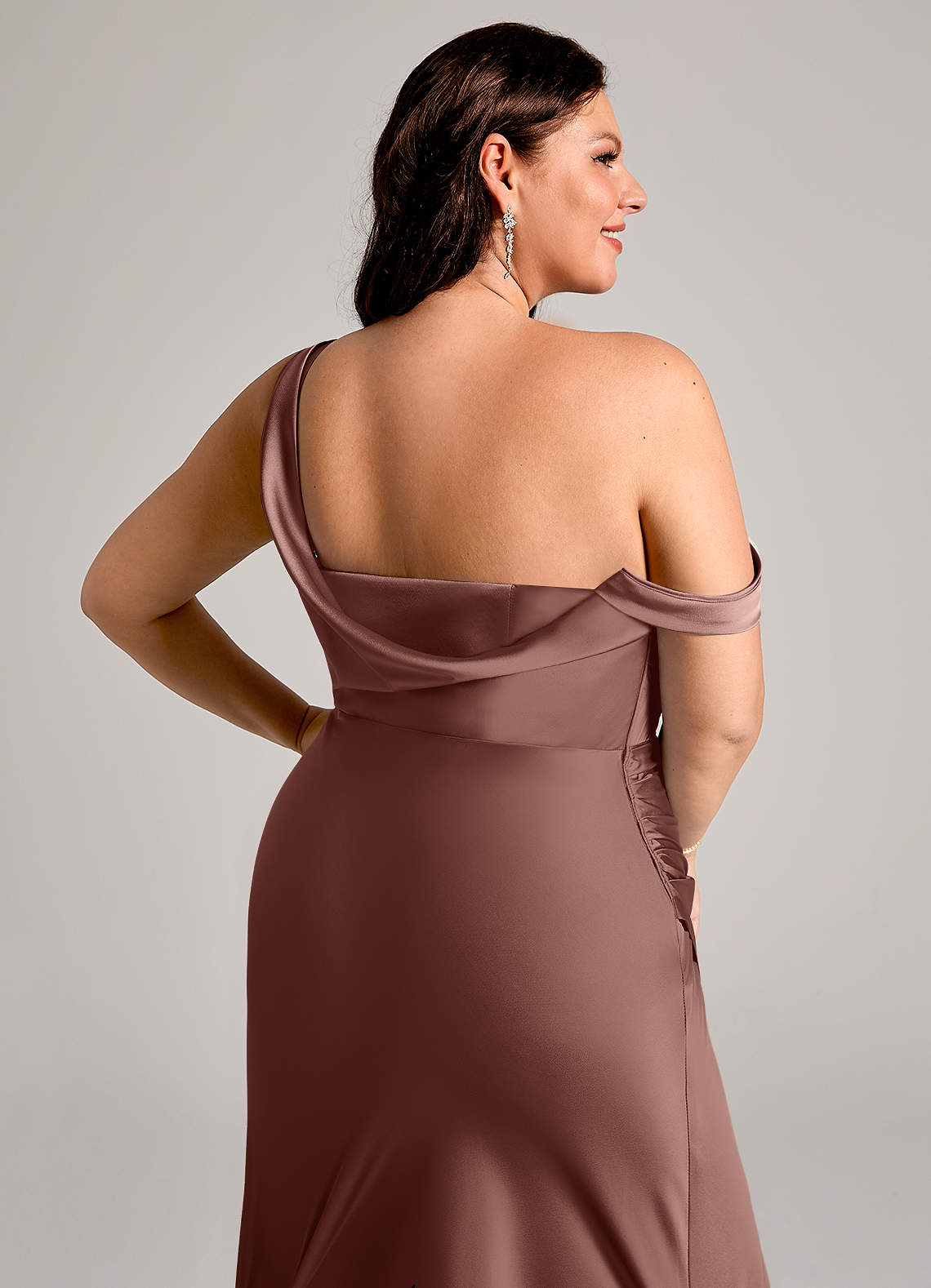 Azazie Madelyn Bridesmaid Dresses Espresso Mermaid One Shoulder Stretch Satin Convertible Dress image13