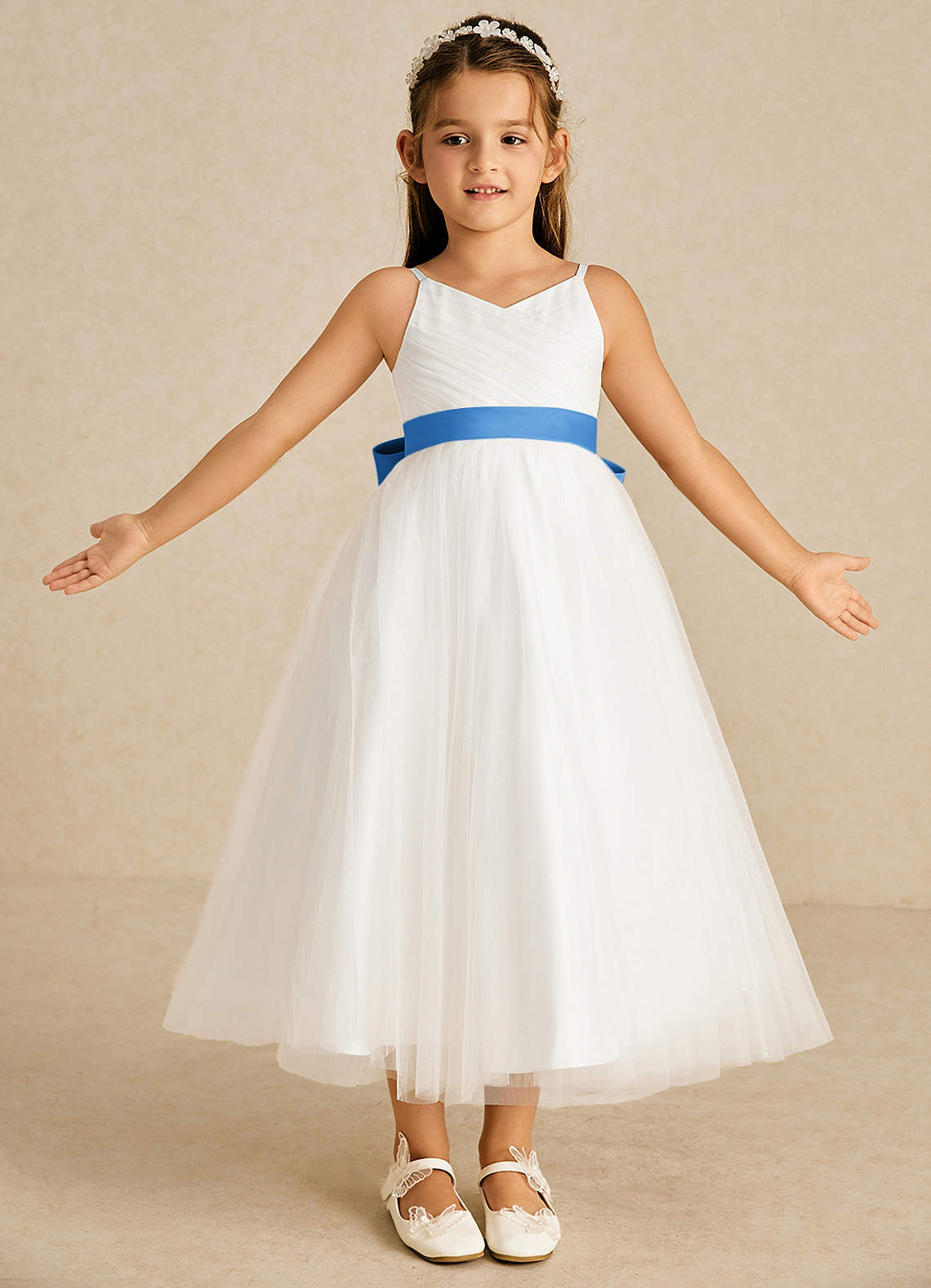 Azazie Lea Flower Girl Dresses Blue Jay A-Line Spaghetti Strap Tulle Dress image1