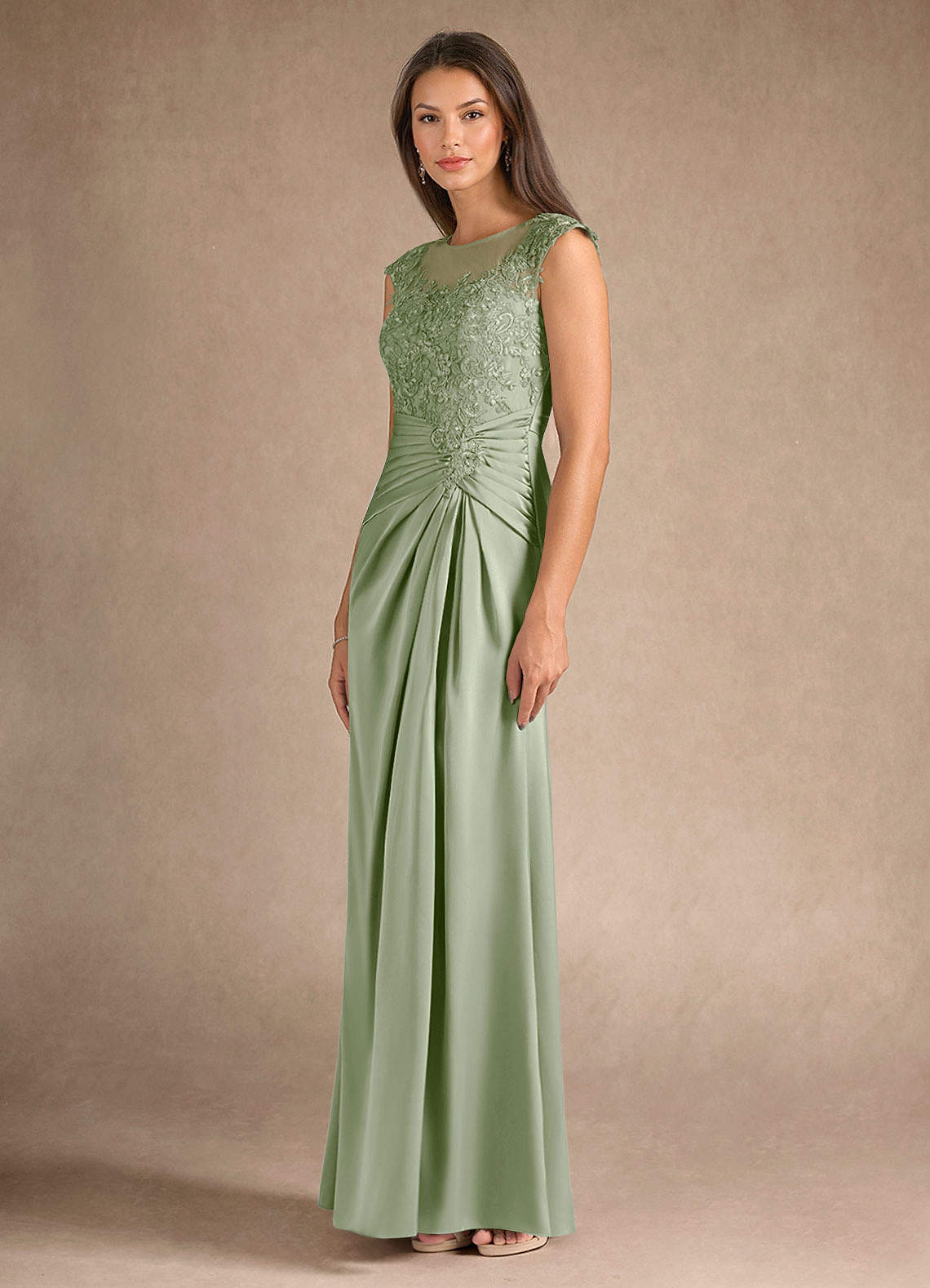 Azazie Santa Barbara vestidos de madre de la novia Vestido de Salvia Polvorienta de Satén Elástico de Recto con Plisado image5