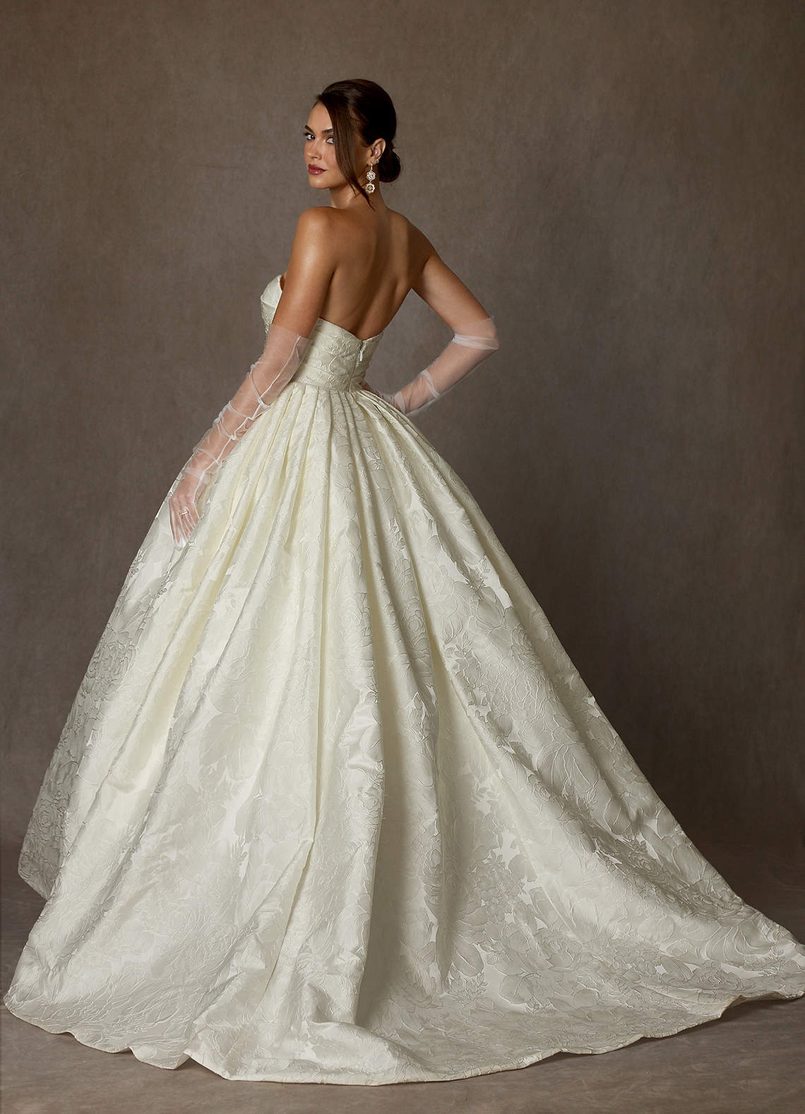 Azazie Celestia Wedding Dresses Antique White Ball-Gown Strapless Floral Jacquard Dress image1