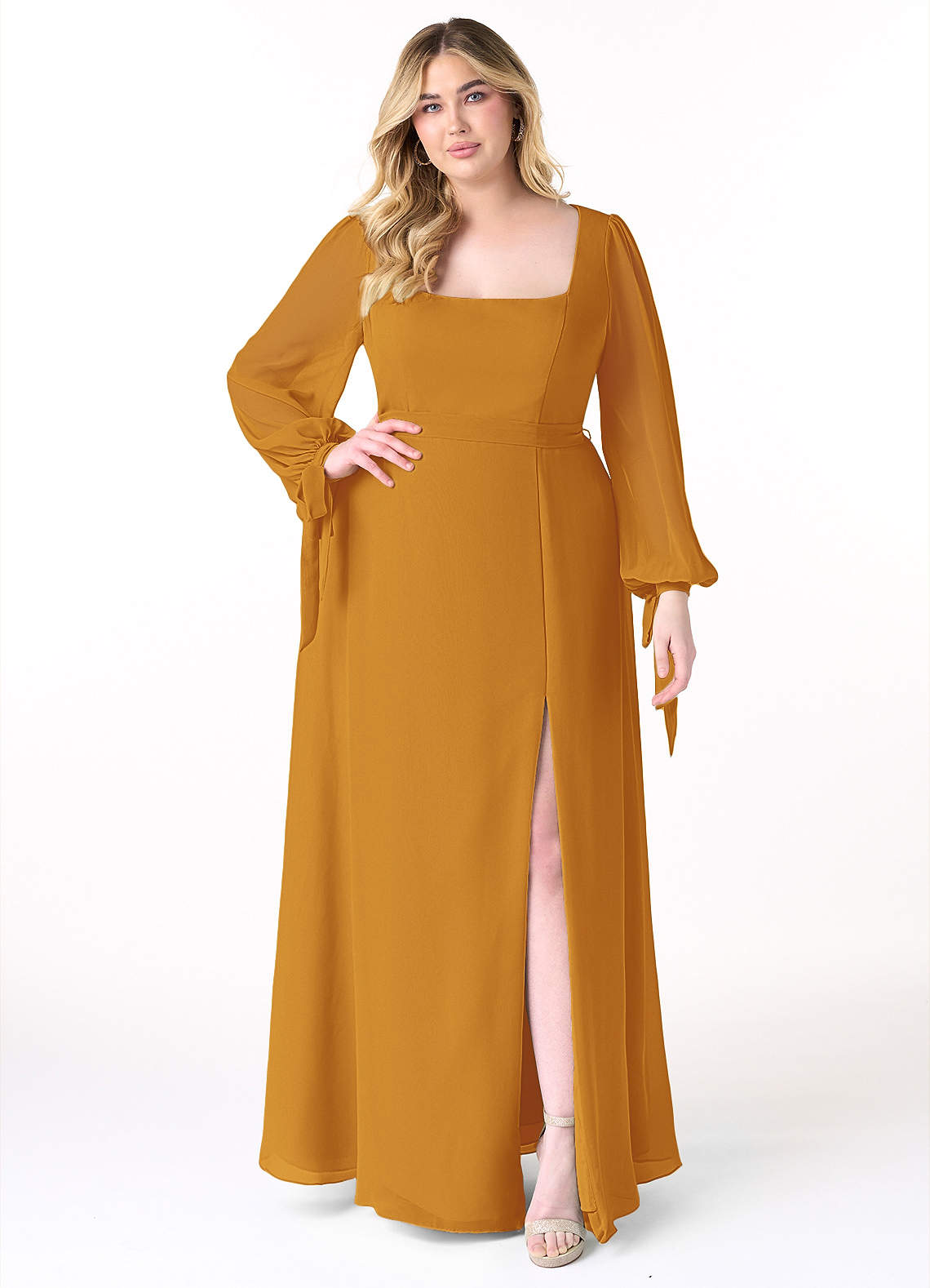 Azazie Leonia Brautjungfernkleider A-Linie Langarm Chiffon Kleid Butterscotch image1