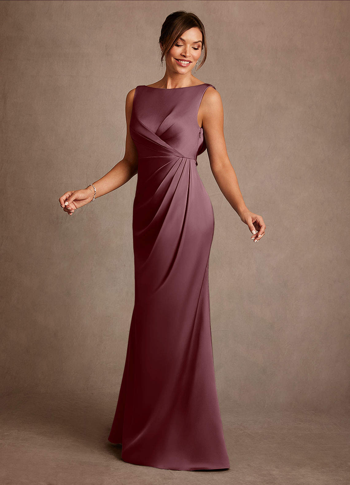 Azazie Baltimore Mother of the Bride Dresses Sangria A-Line Pleated Stretch Satin Dress image2