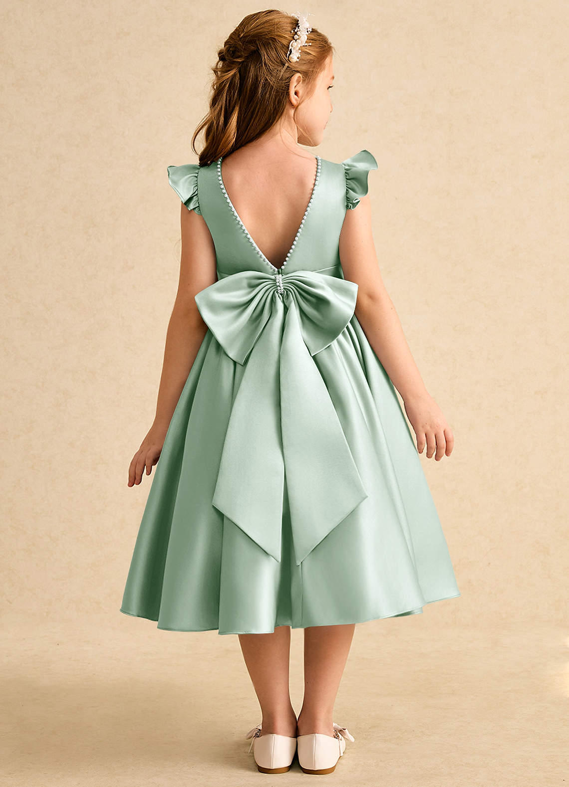 Azazie Dumpling vestidos de niña de las flores Vestido de Agave de Satin Mate de Corte En A con Lazo image1