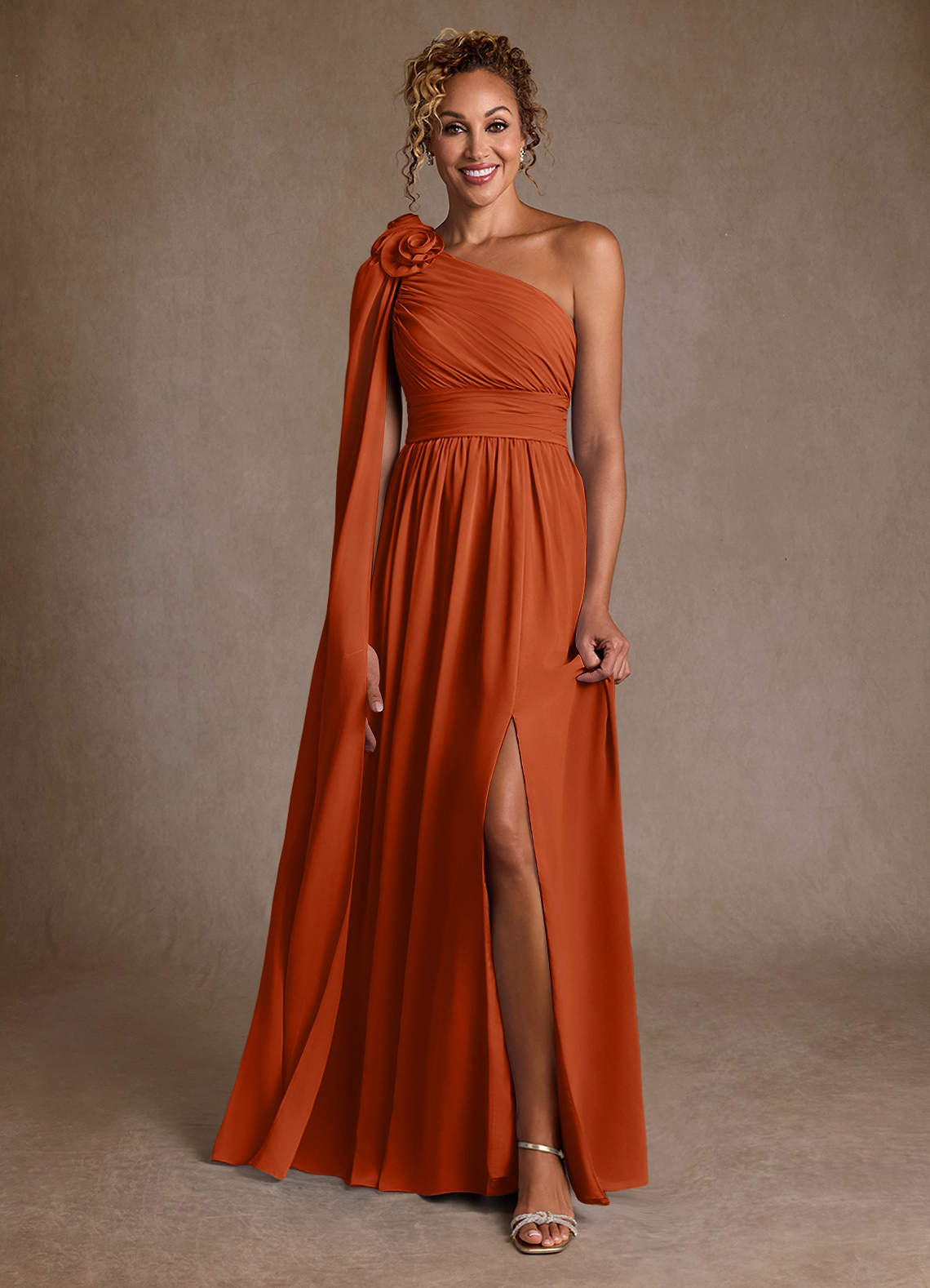Azazie Lancaster Mother of the Bride Dresses Burnt Orange A-Line One Shoulder Chiffon Dress image1