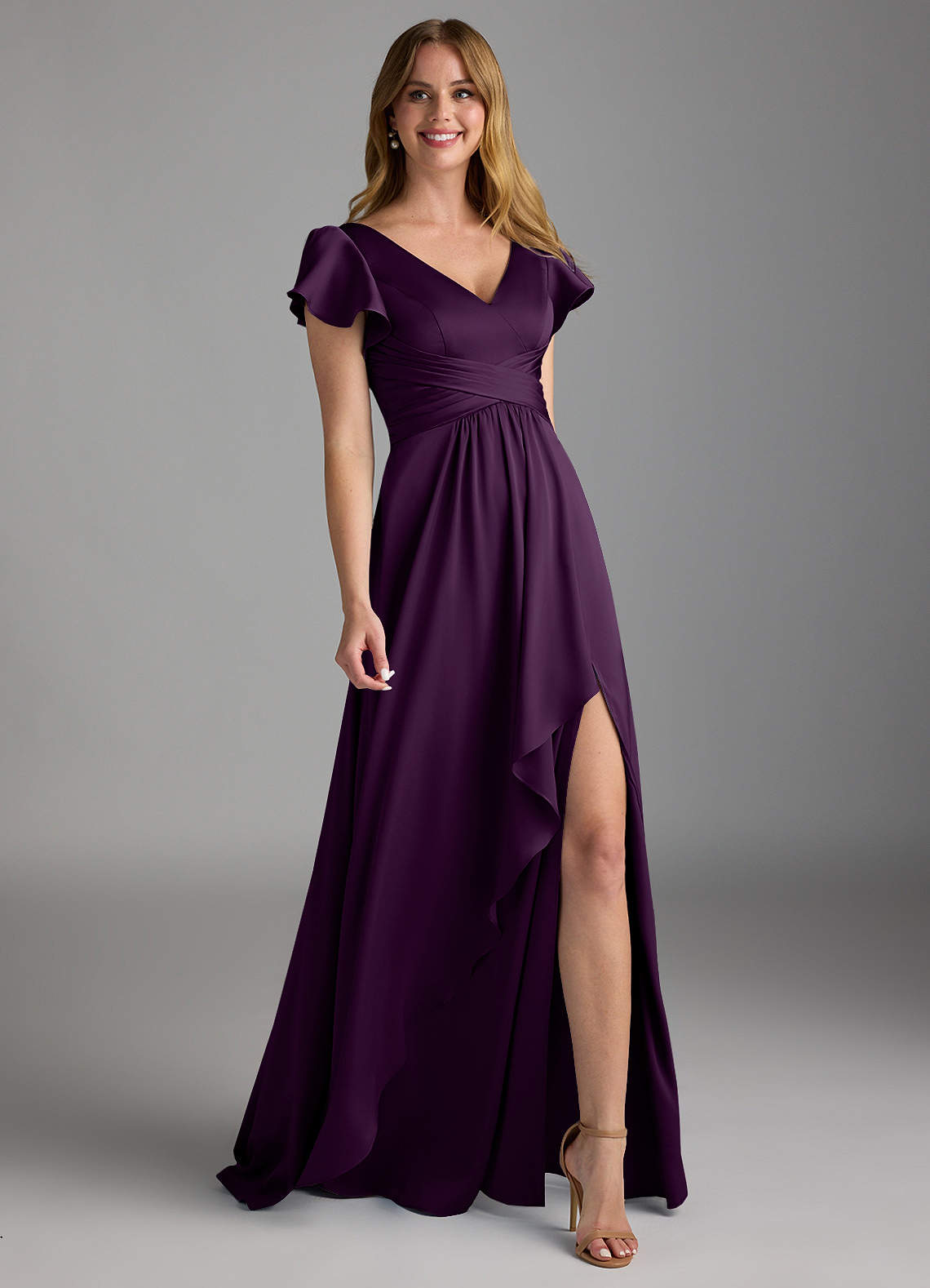 Azazie Omari Bridesmaid Dresses Grape A-Line Stretch Satin Dress image1