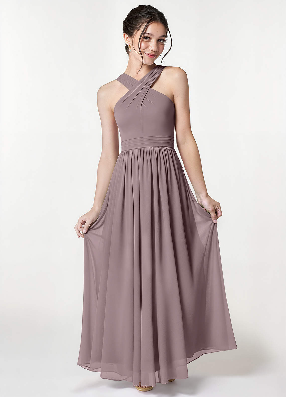 Azazie Jiya Junior Dusk A-Line Pleated Mesh Dress image1