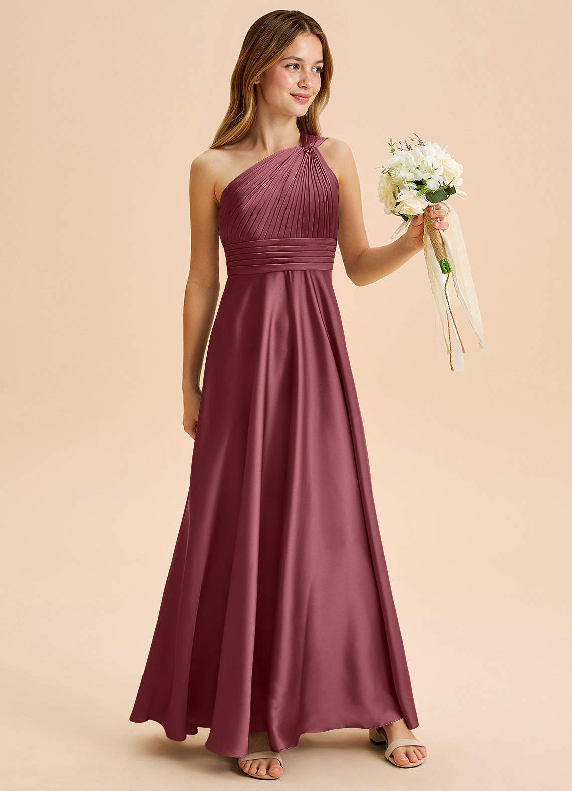 Azazie Charlize Junior Jurk van Stretch Satijn met A-Lijn Geplooid Woestijnroos image2