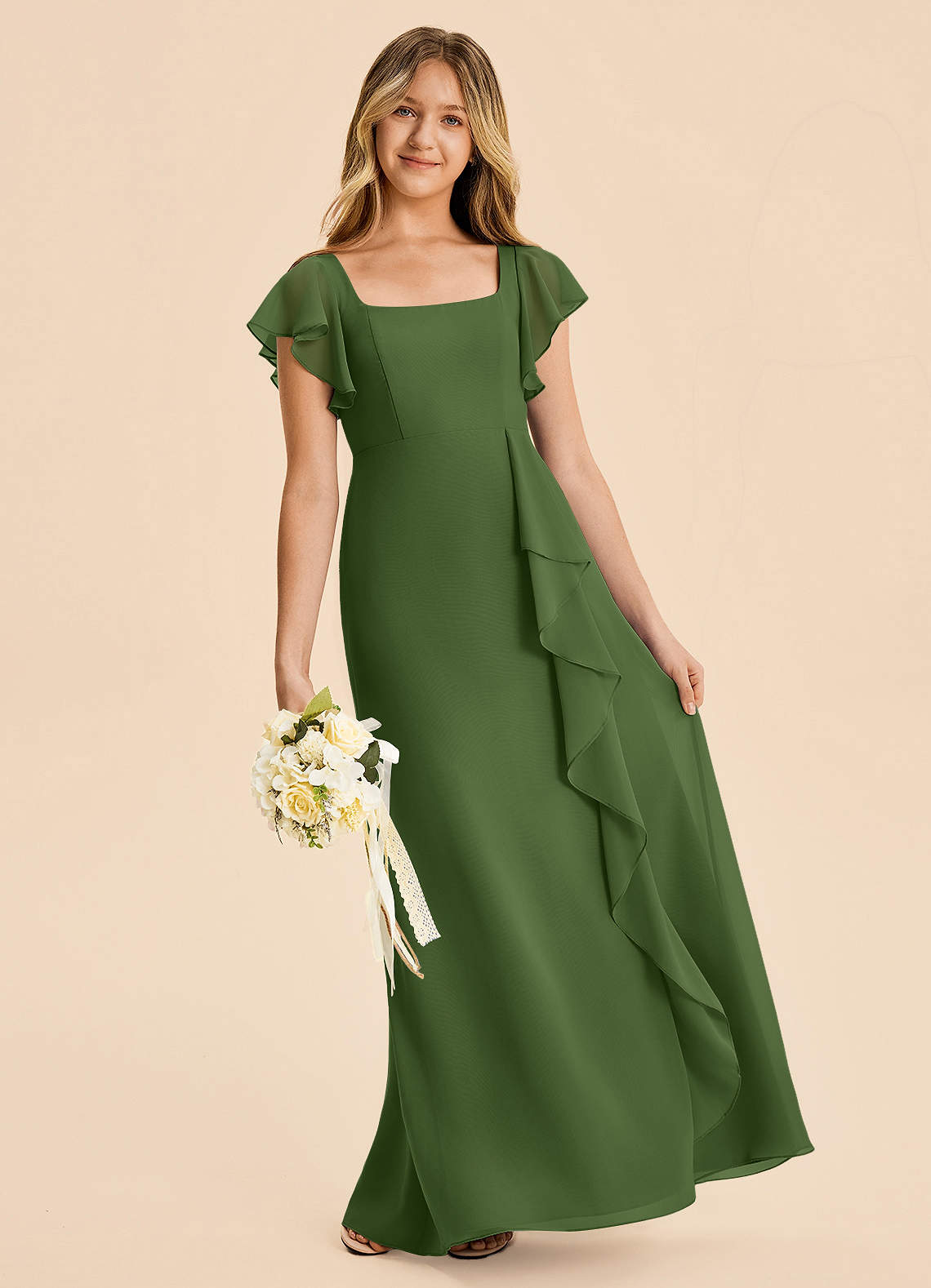 junior bridesmaid dresses olive green Azazie A-Line/Princess Square Neck Floor-Length Chiffon Junior Bridesmaid Dresses