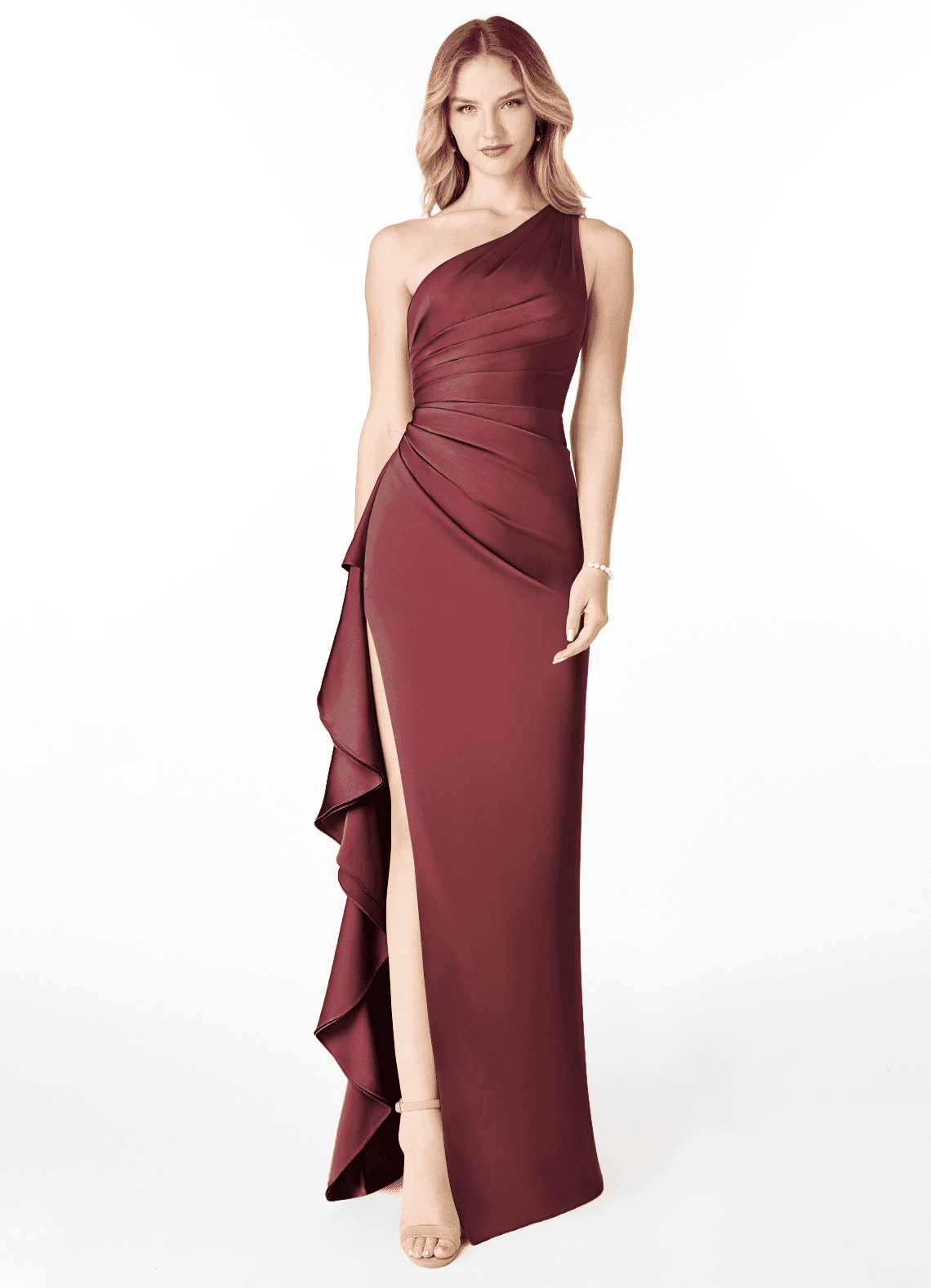 Azazie Latrice Bridesmaid Dresses Merlot Sheath One Shoulder Cascading Ruffles Stretch Satin Dress image1