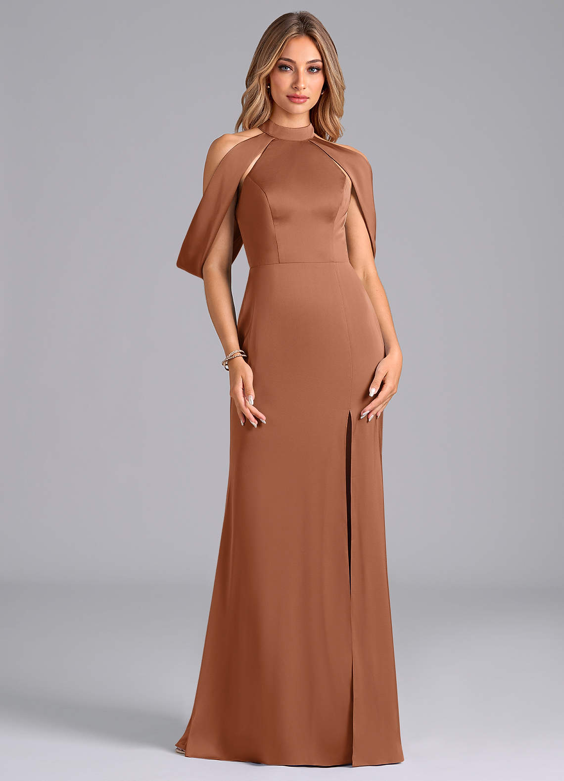 Azazie Bonny Bridesmaid Dresses Bronzer Mermaid Off the Shoulder Stretch Satin Dress image1