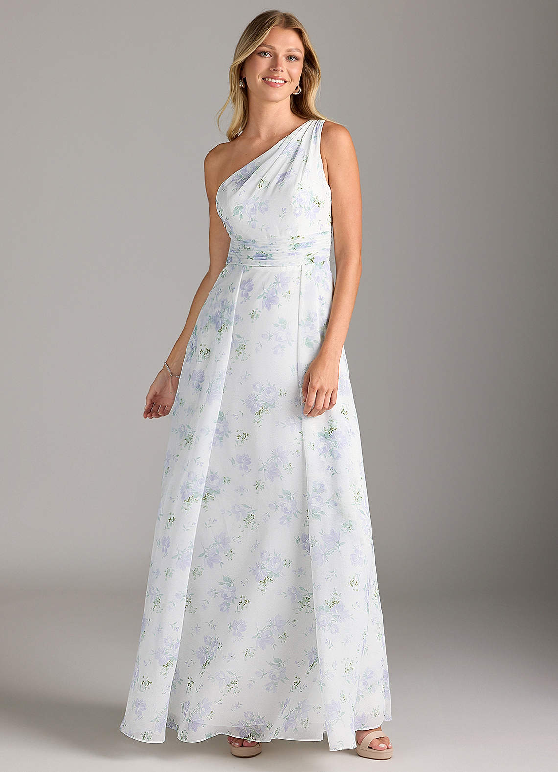 Azazie Dallas Bridesmaid Dresses Blue Vintage Floral A-Line One Shoulder Chiffon Dress image1