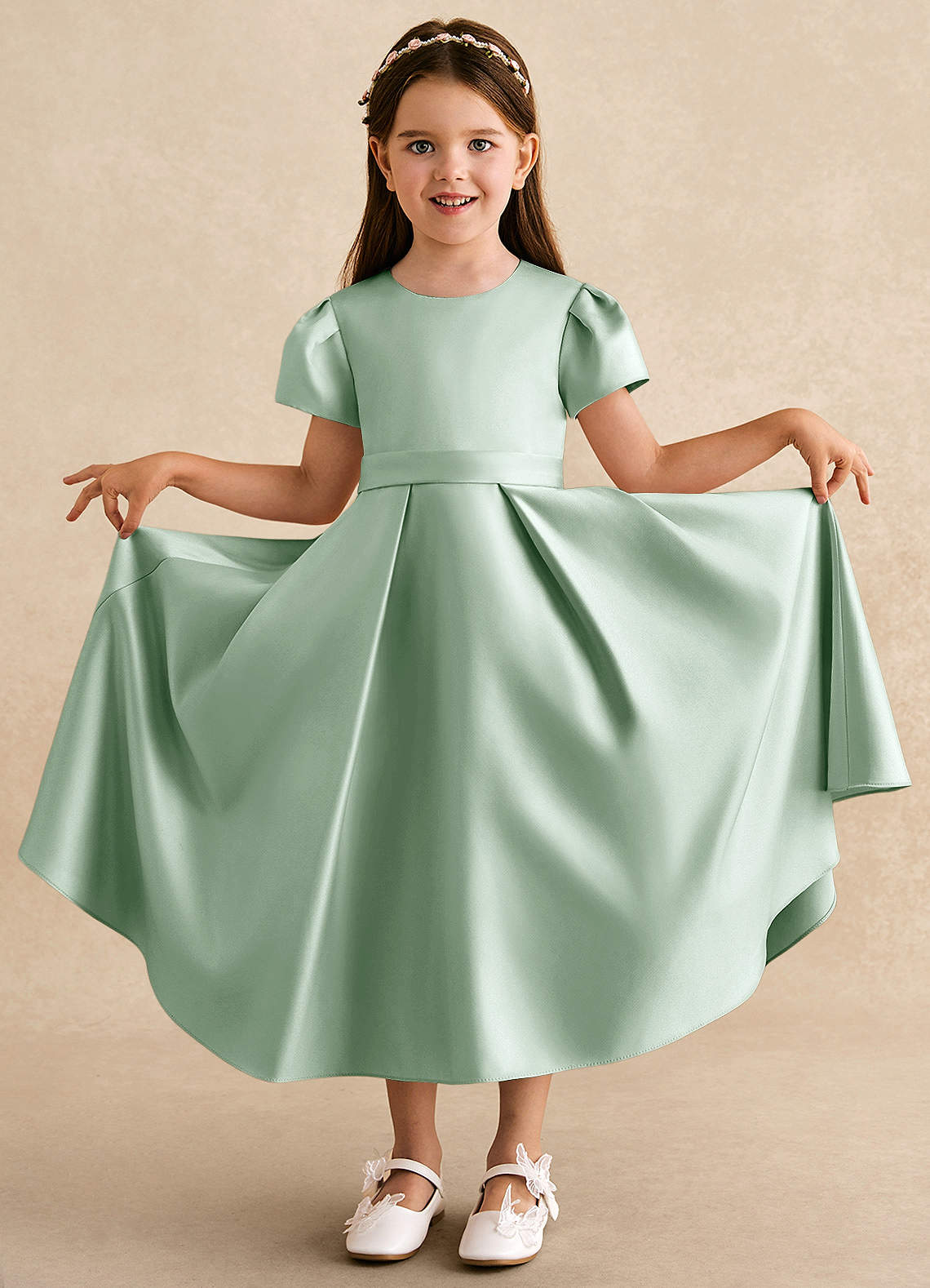 Azazie Princess Flower Girl Dresses Agave A-Line Pleated Matte Satin Dress image2