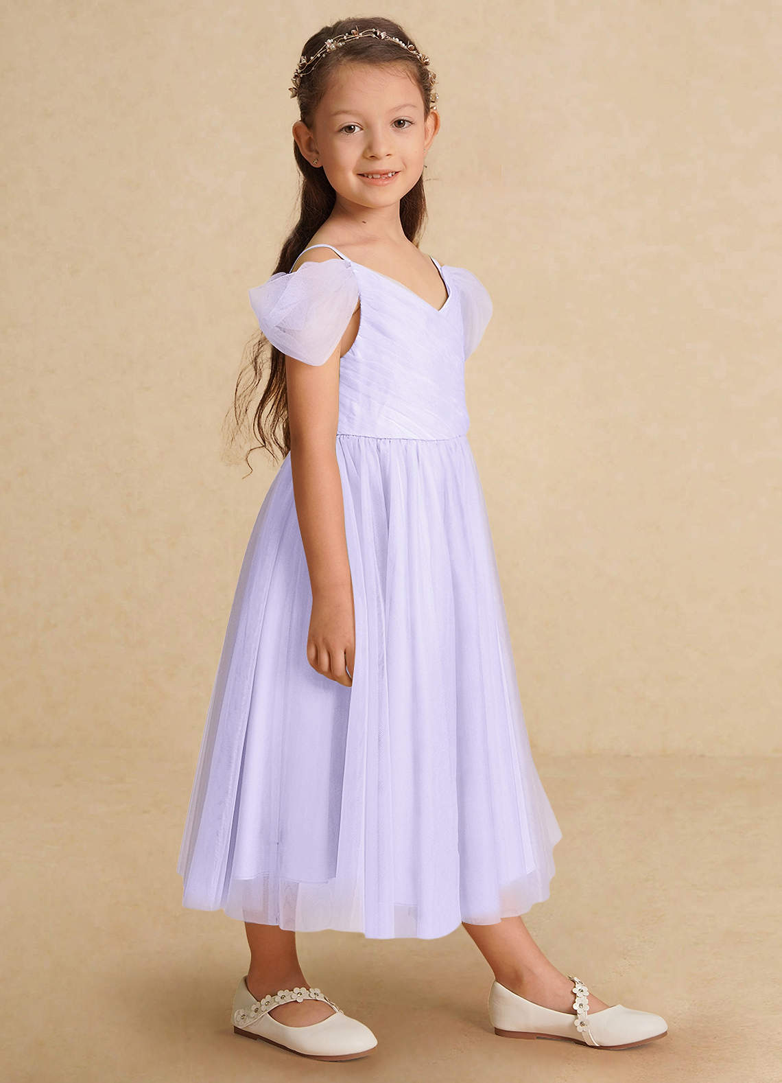 Azazie Lizzette Blumenmädchenkleider A-Linie Gestreift Tüll Kleid Flieder image1