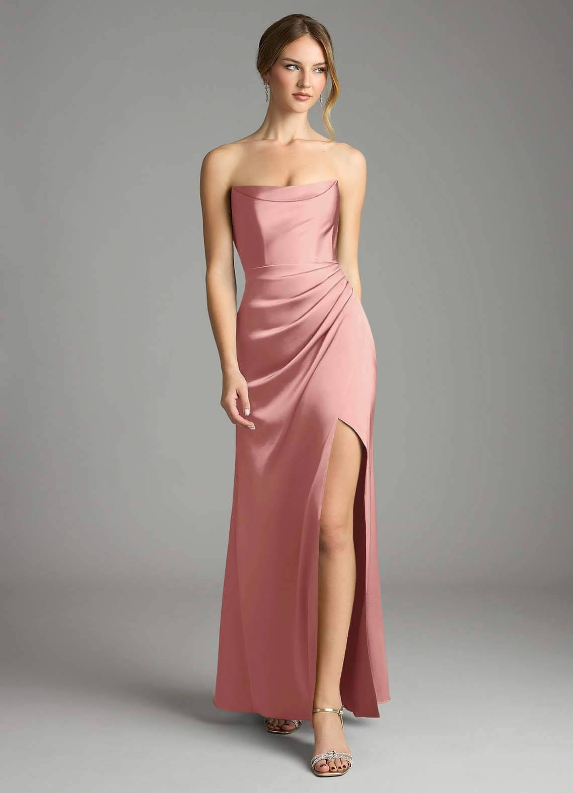 Azazie Leonis Vestidos de damas de honor Vestido de Rosetón de Satén Elástico de Corte Sirena Convertible con Plisado image4