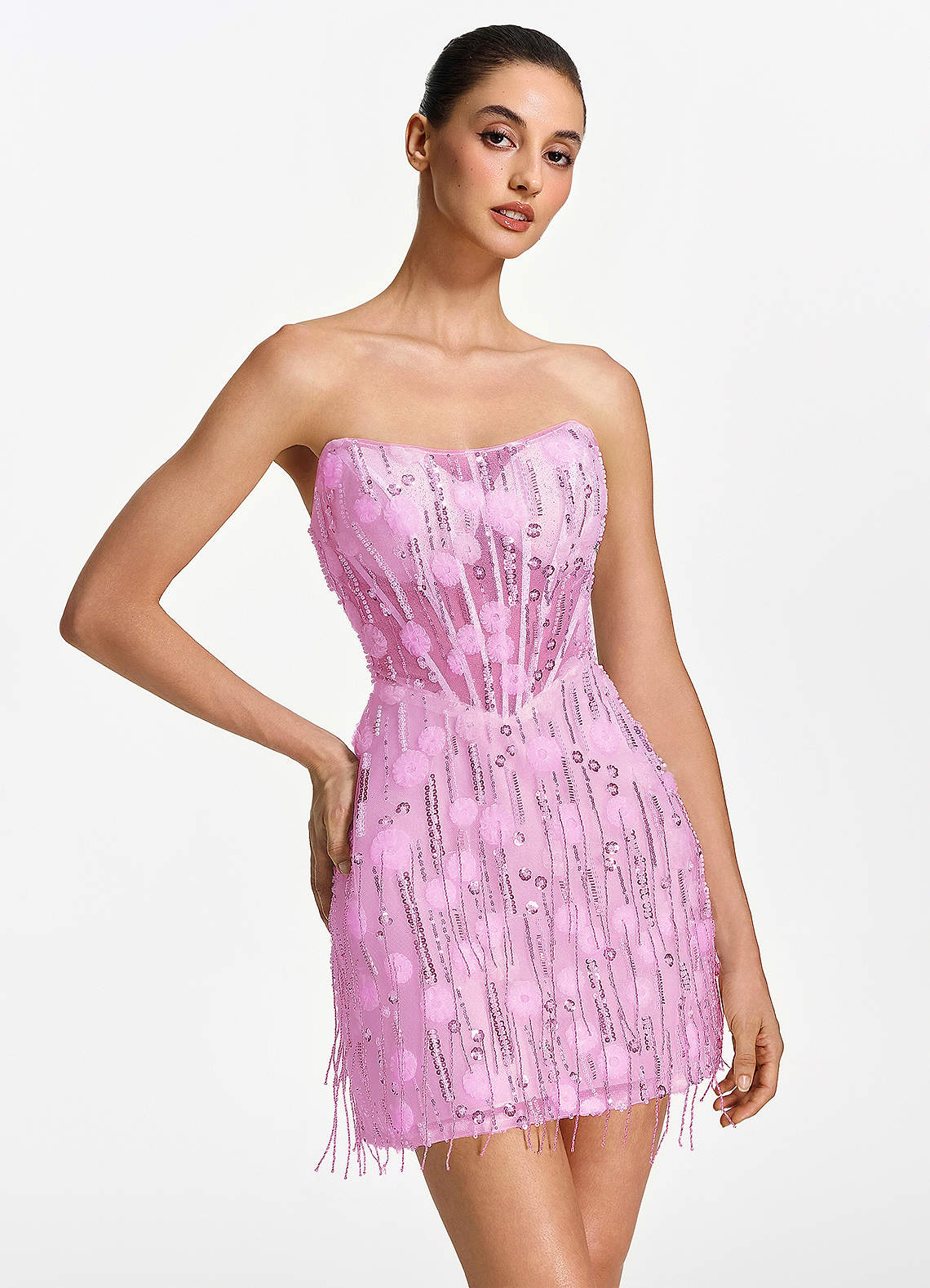 Madison Pink Strapless Mesh Corset Fringe Mini Dress Prom and Homecoming Dresses