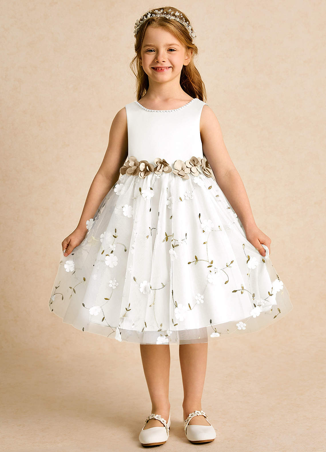 Azazie Starri vestidos de niña de las flores Vestido de Marfil Champán de Satin Mate de Princesa con Perla image1