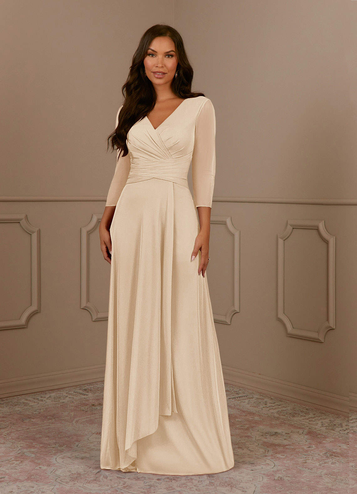 Azazie Annetta Mother of the Bride Dresses Champagne A-Line V-Neck Pleated Mesh Dress image1