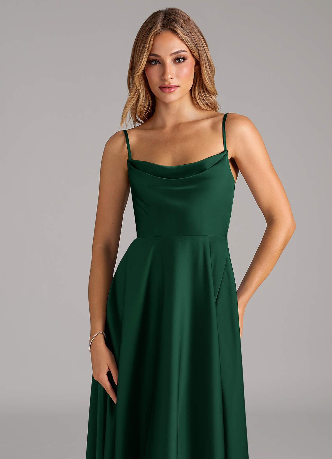 Azazie Elle Bridesmaid Dresses Dark Green A-Line Pleated Stretch Satin Dress image1